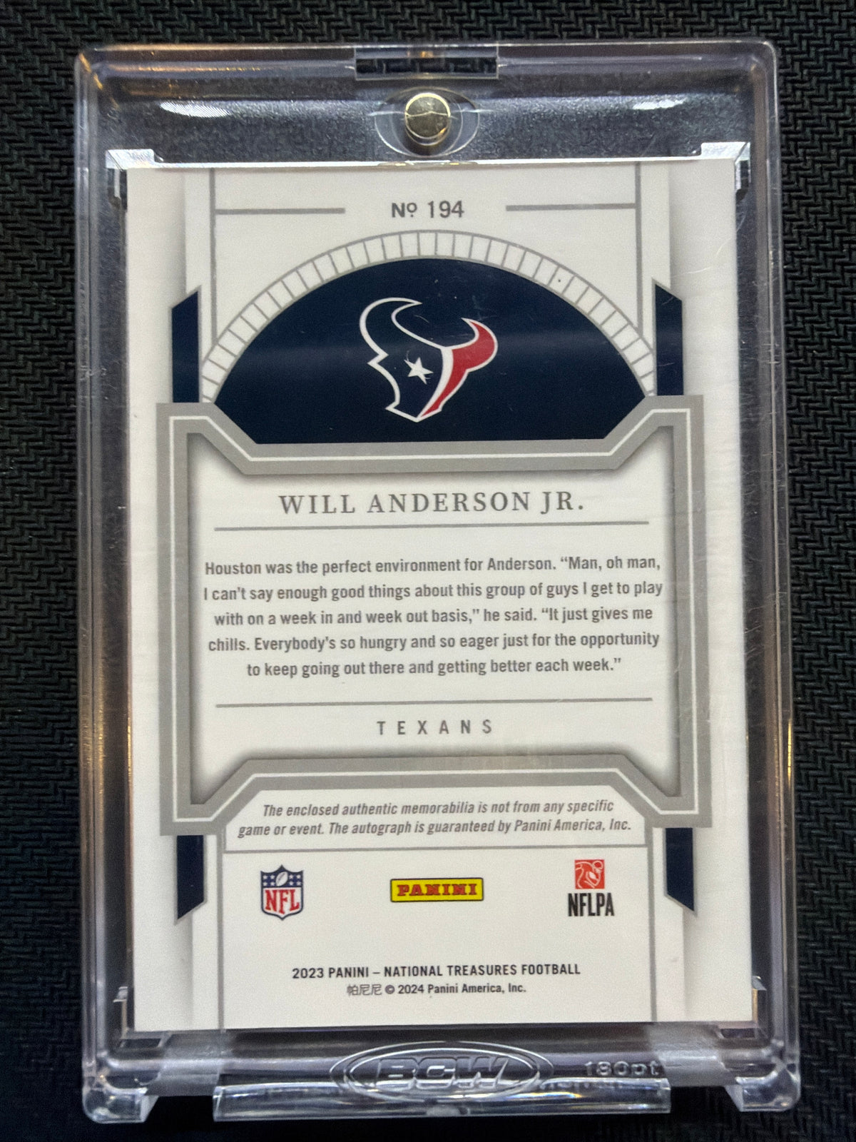 2023 National Treasures Will Anderson Jr. Patch Auto /49 Texans