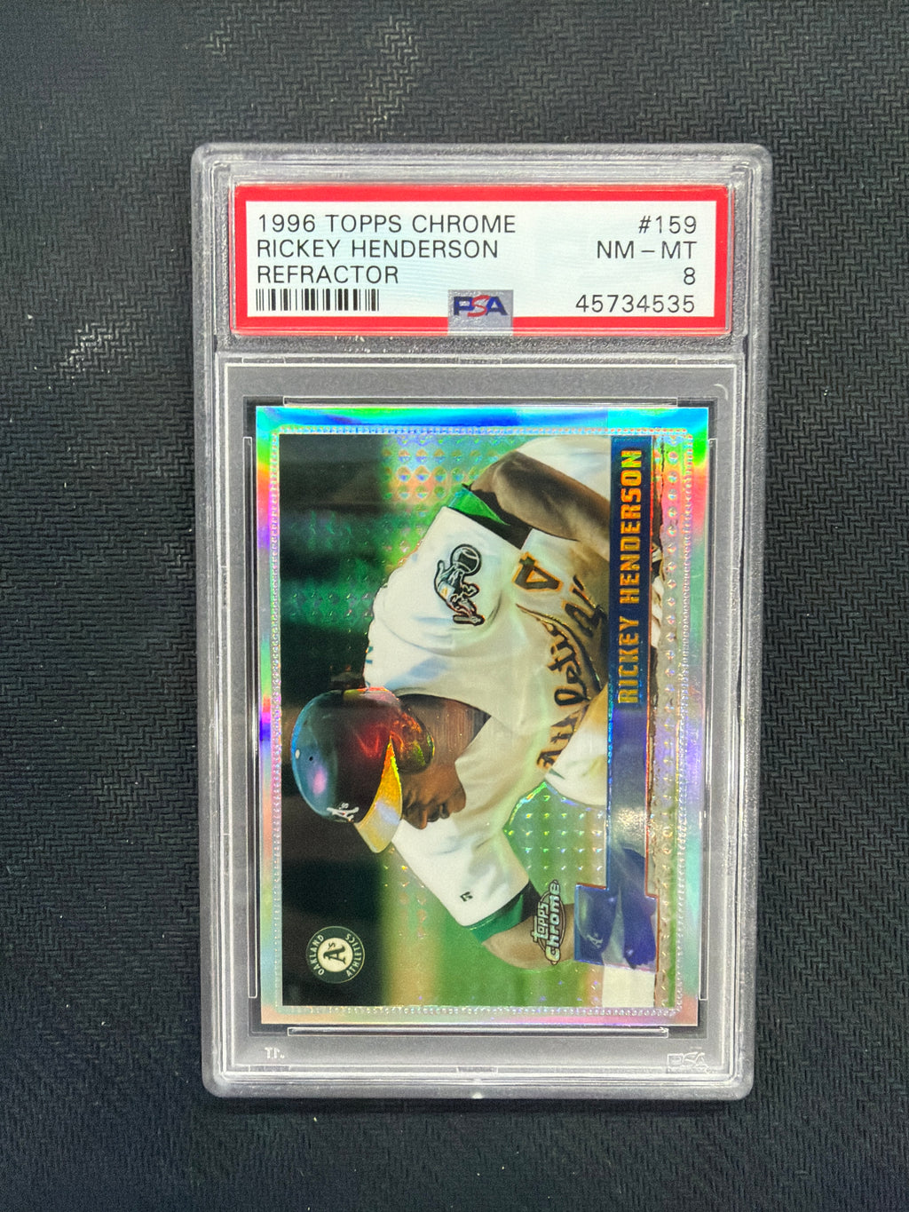 1996 Topps Chrome Rickey Henderson Refractor PSA 8 Athletics