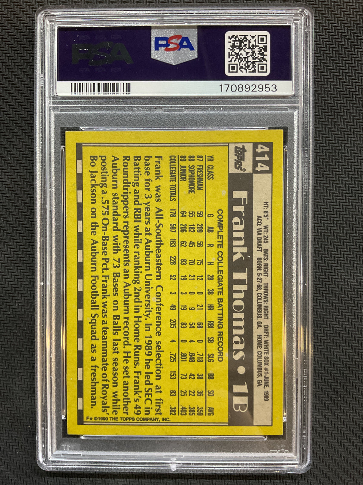 1990 Topps #414 Frank Thomas Name on Front PSA 8