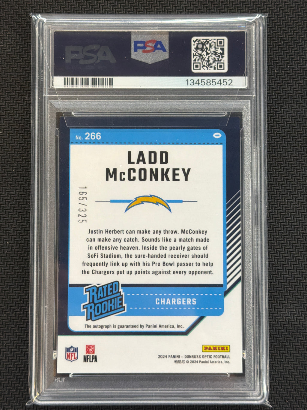 2024 Donruss Optic Ladd McConkey Rookie Auto /325 PSA 9 452