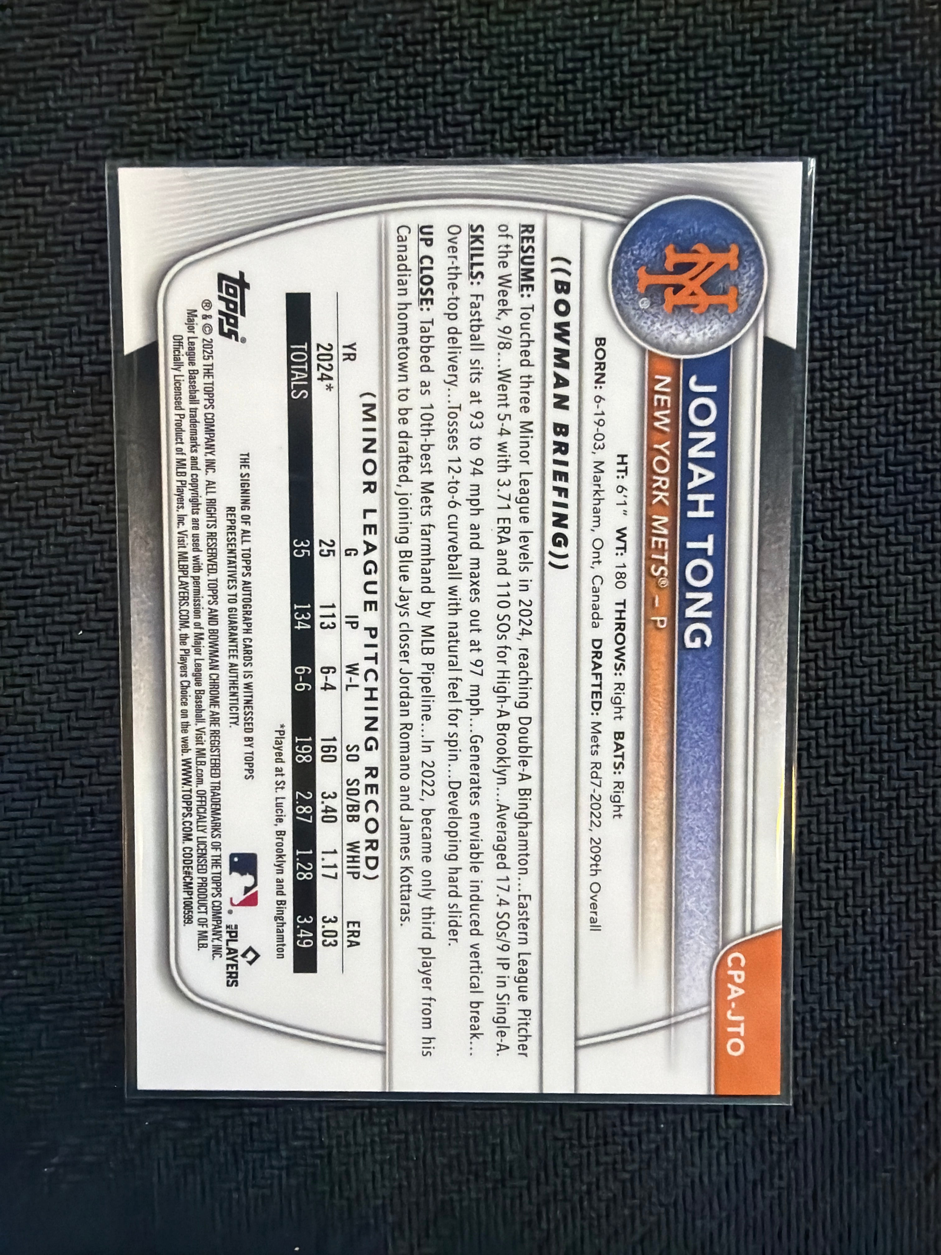 2025 Bowman Chrome Jonah Tong 1st Auto Speckle /299