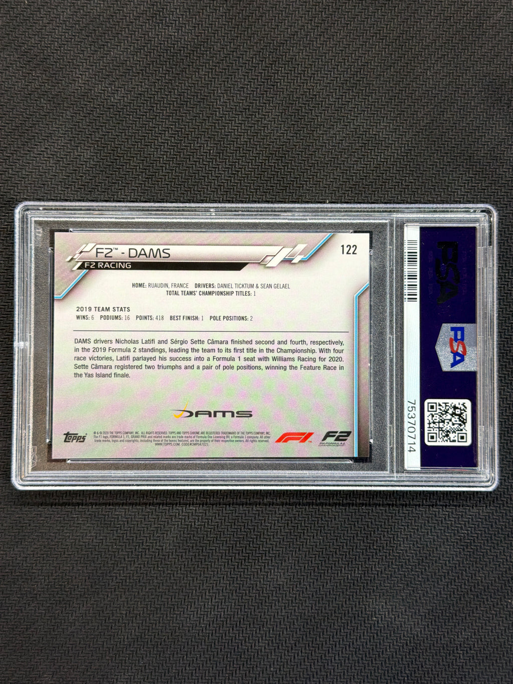 2020 Topps Chrome F1 Sapphire Dams #122 PSA 8 714