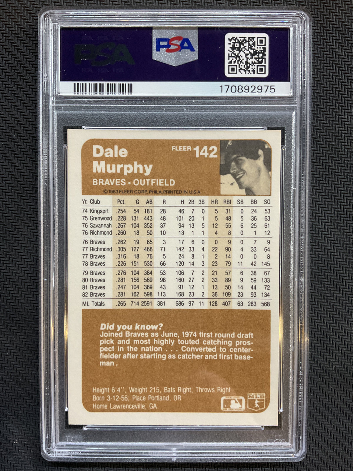 1983 Fleer #142 Dale Murphy PSA 7