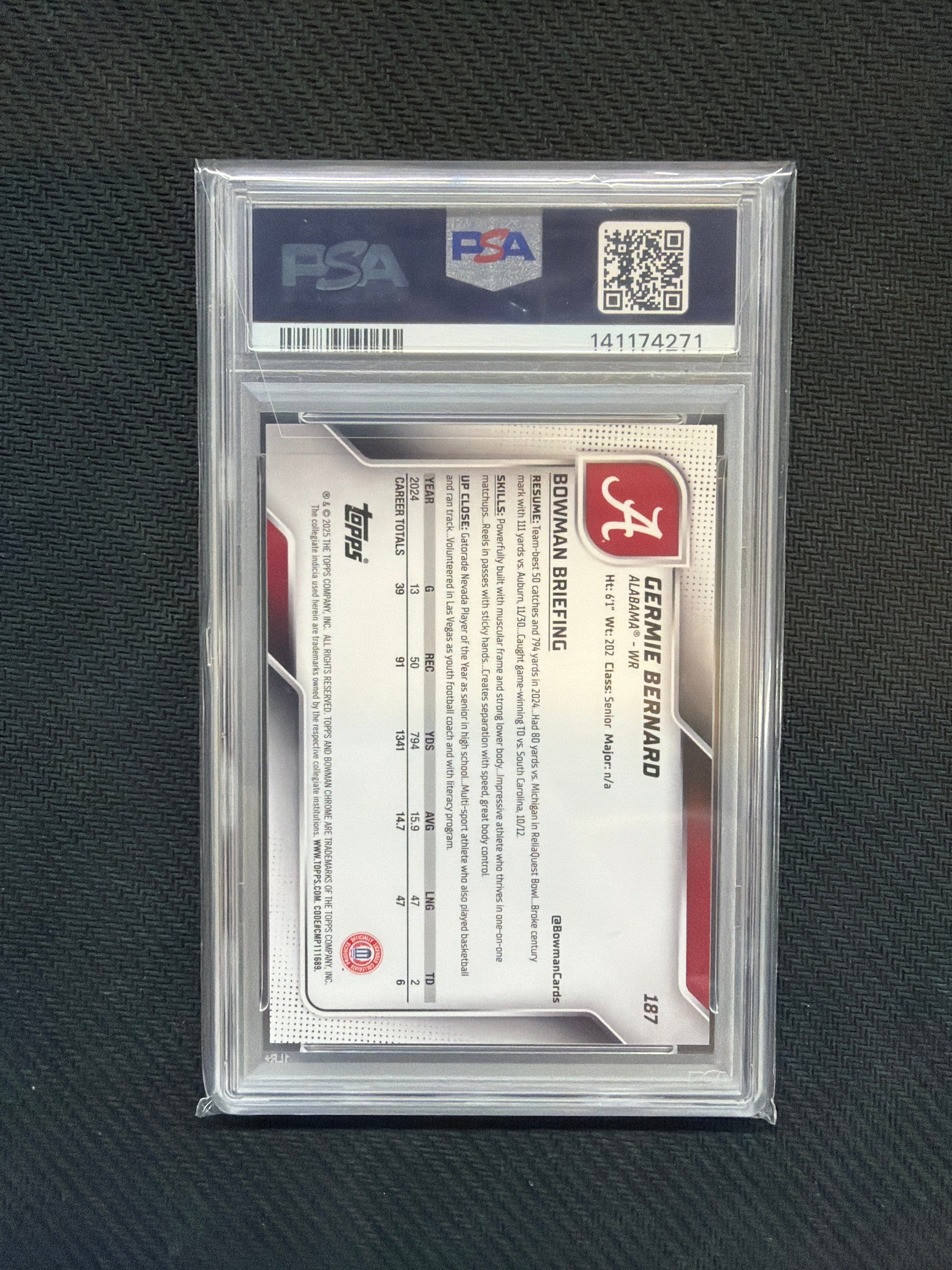 2025 Bowman U Chrome Germie Bernard Black & Gold /25 PSA 10 Alabama