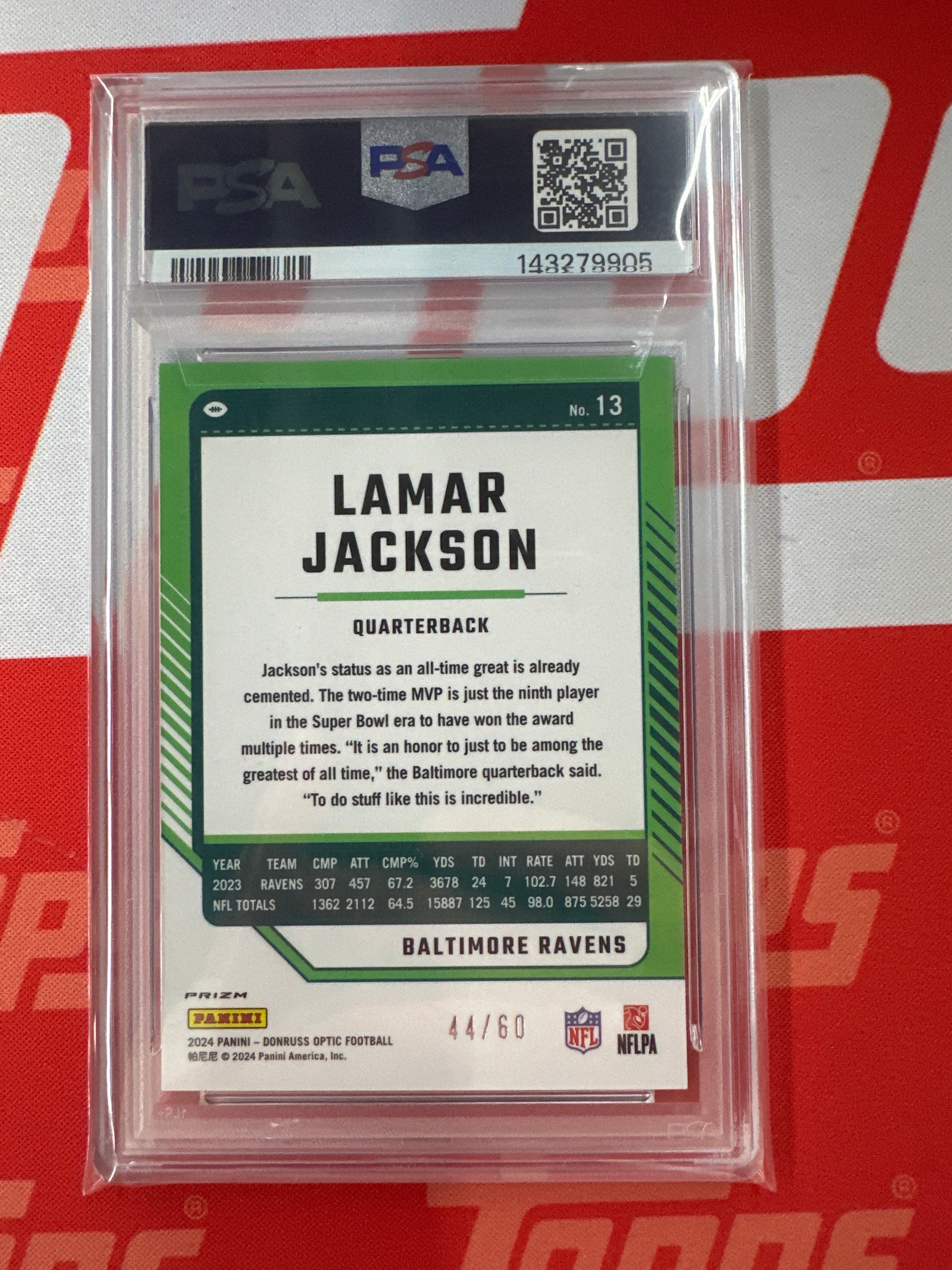 2024 Donruss Optic Lamar Jackson Purple /60 PSA 9 Ravens