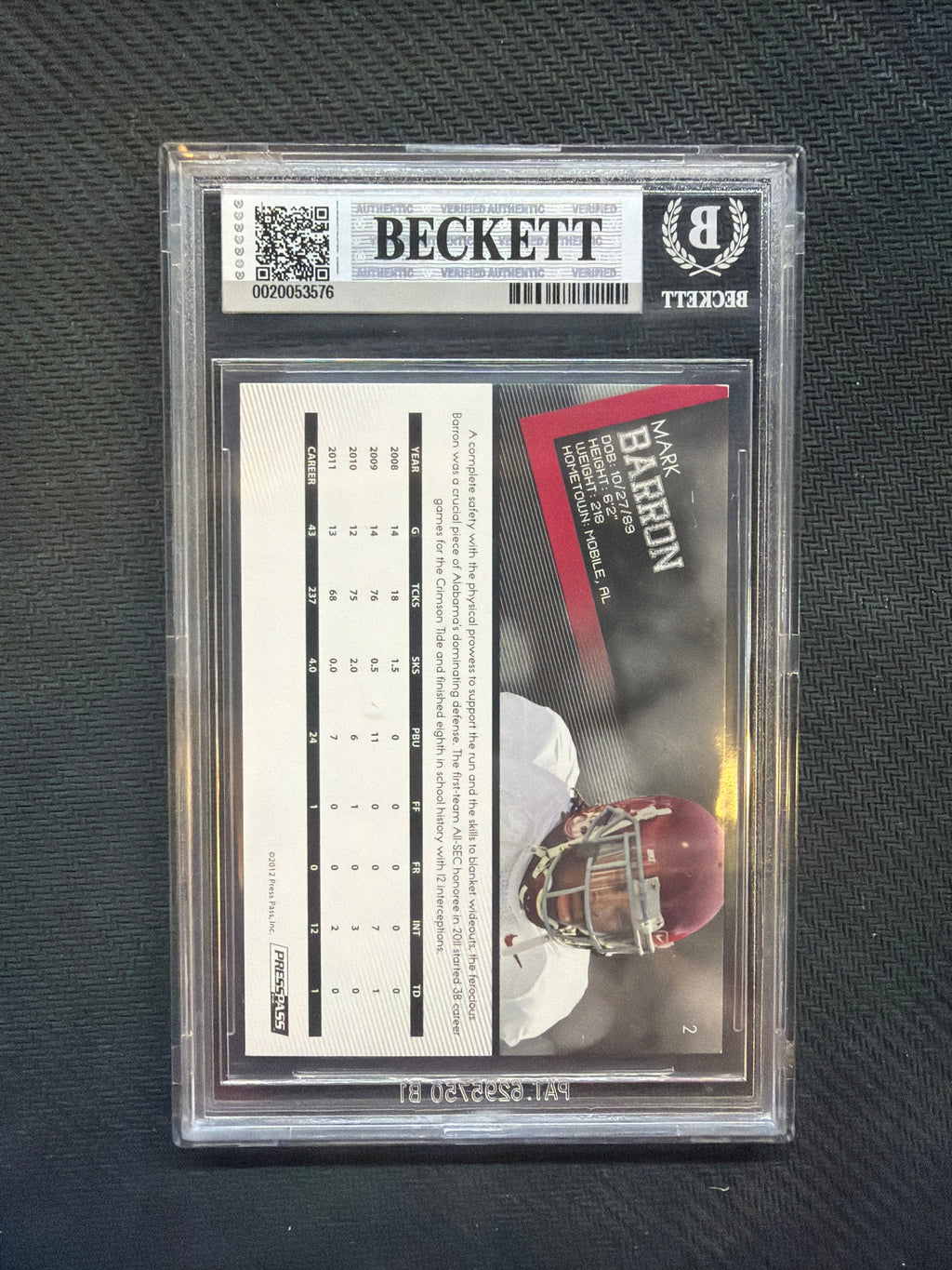 2012 Press Pass MArk Barron Reflectors Proof /100 BGS 8.5 Alabama