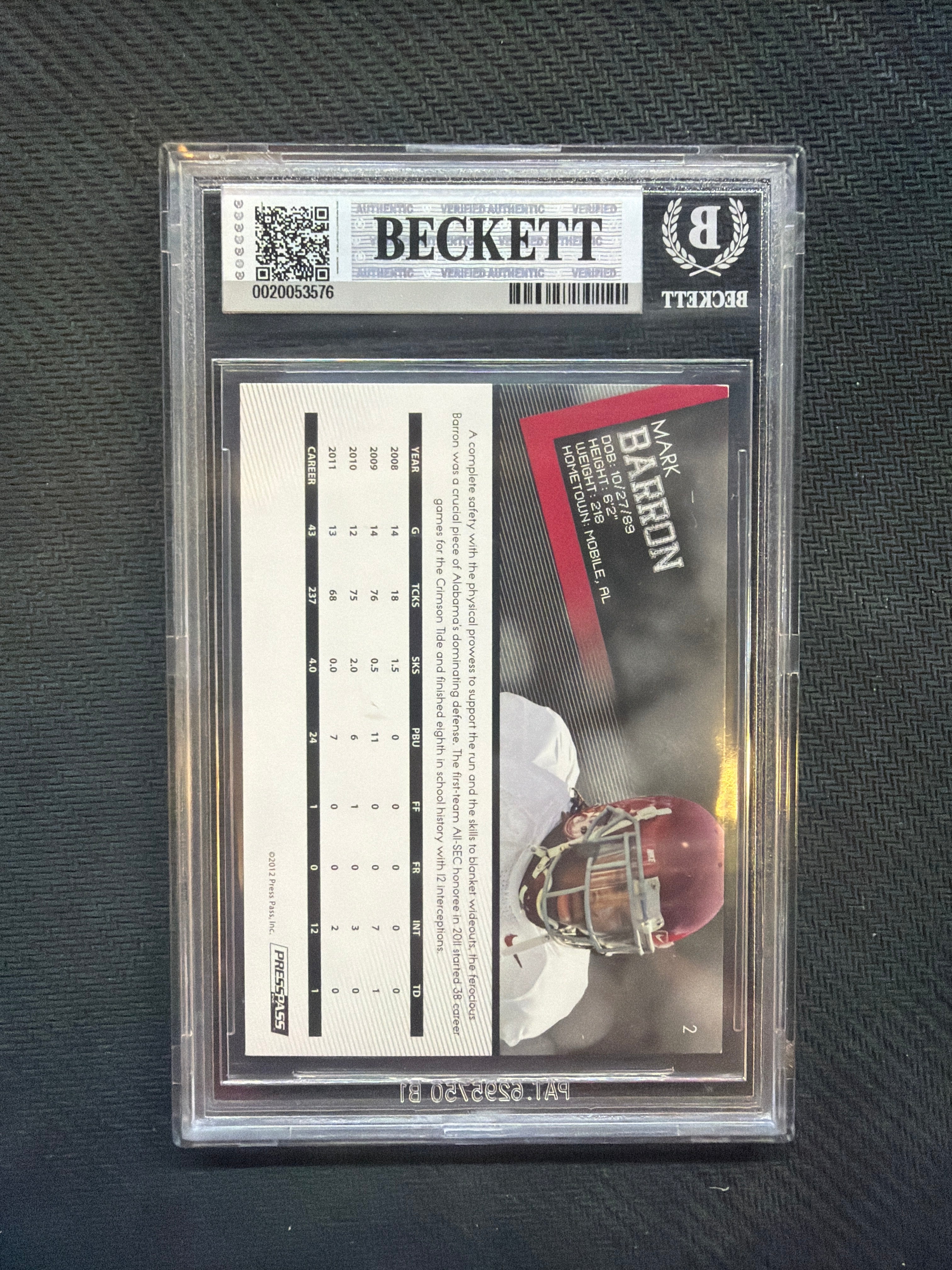 2012 Press Pass MArk Barron Reflectors Proof /100 BGS 8.5 Alabama