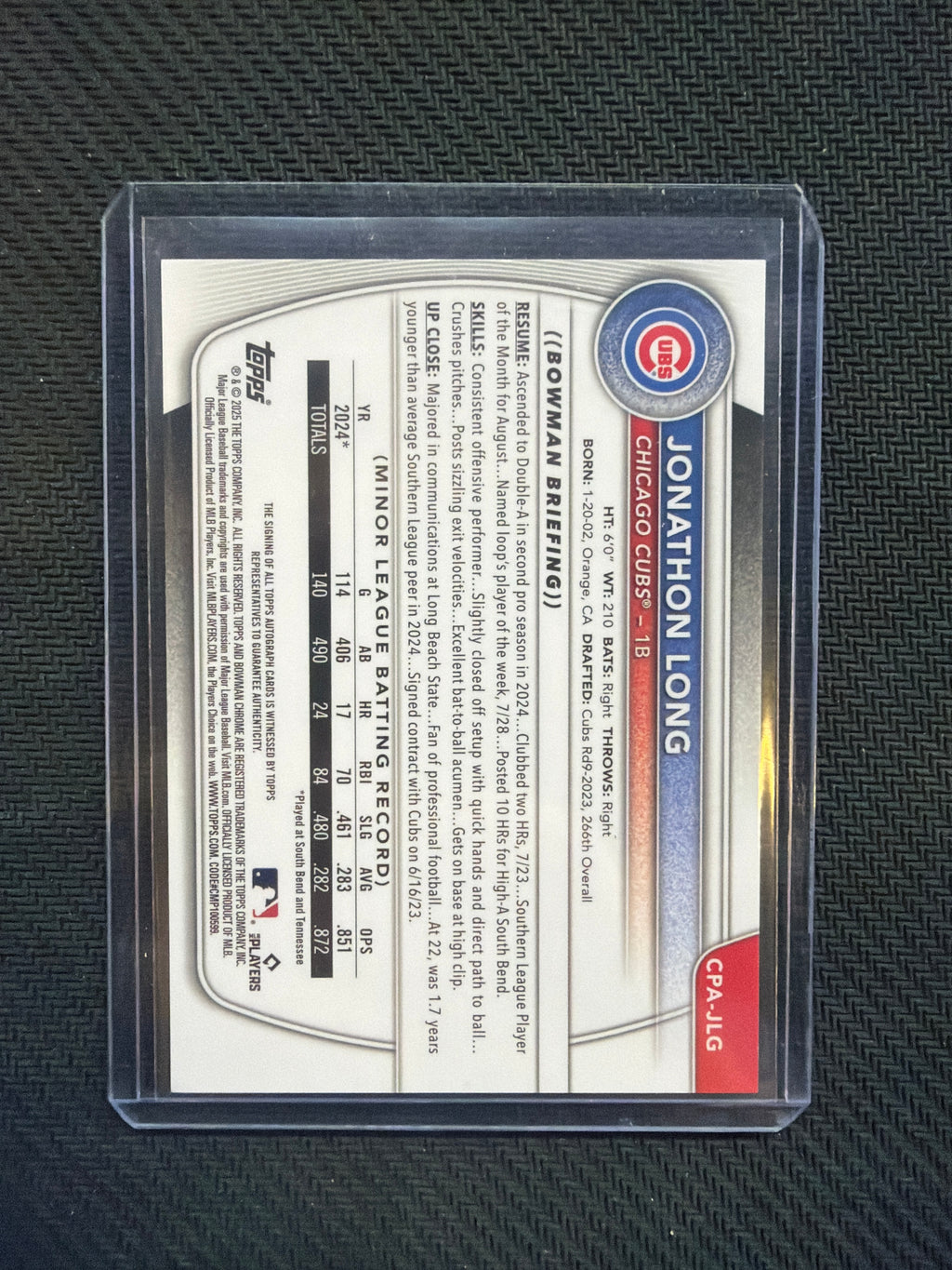 2025 Bowman Chrome Jonathon Long 1st Auto True Gold /50