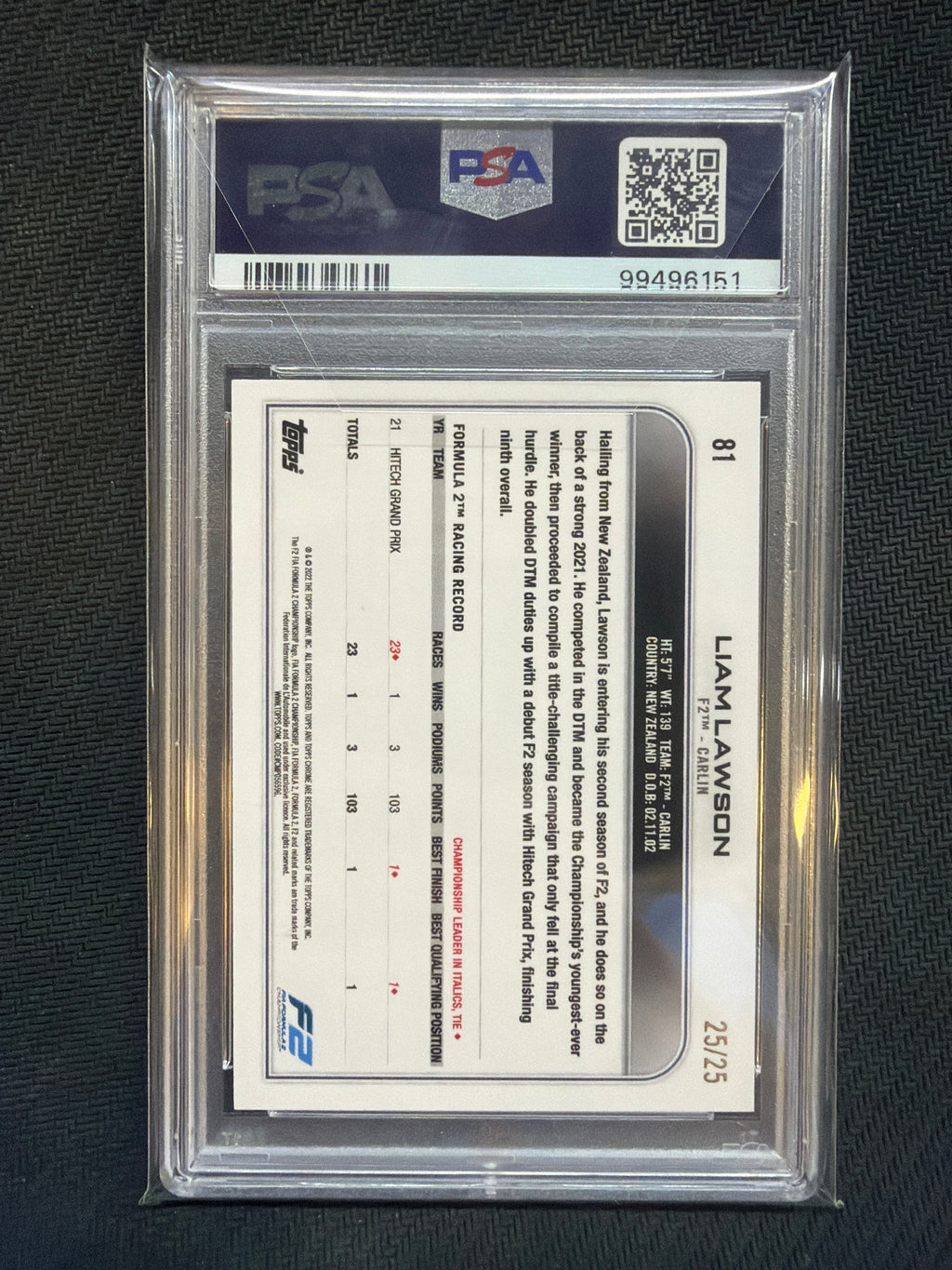 2022 Topps Chrome F1 Liam Lawson Orange Checker Flag Refractor /25 #81 PSA 10