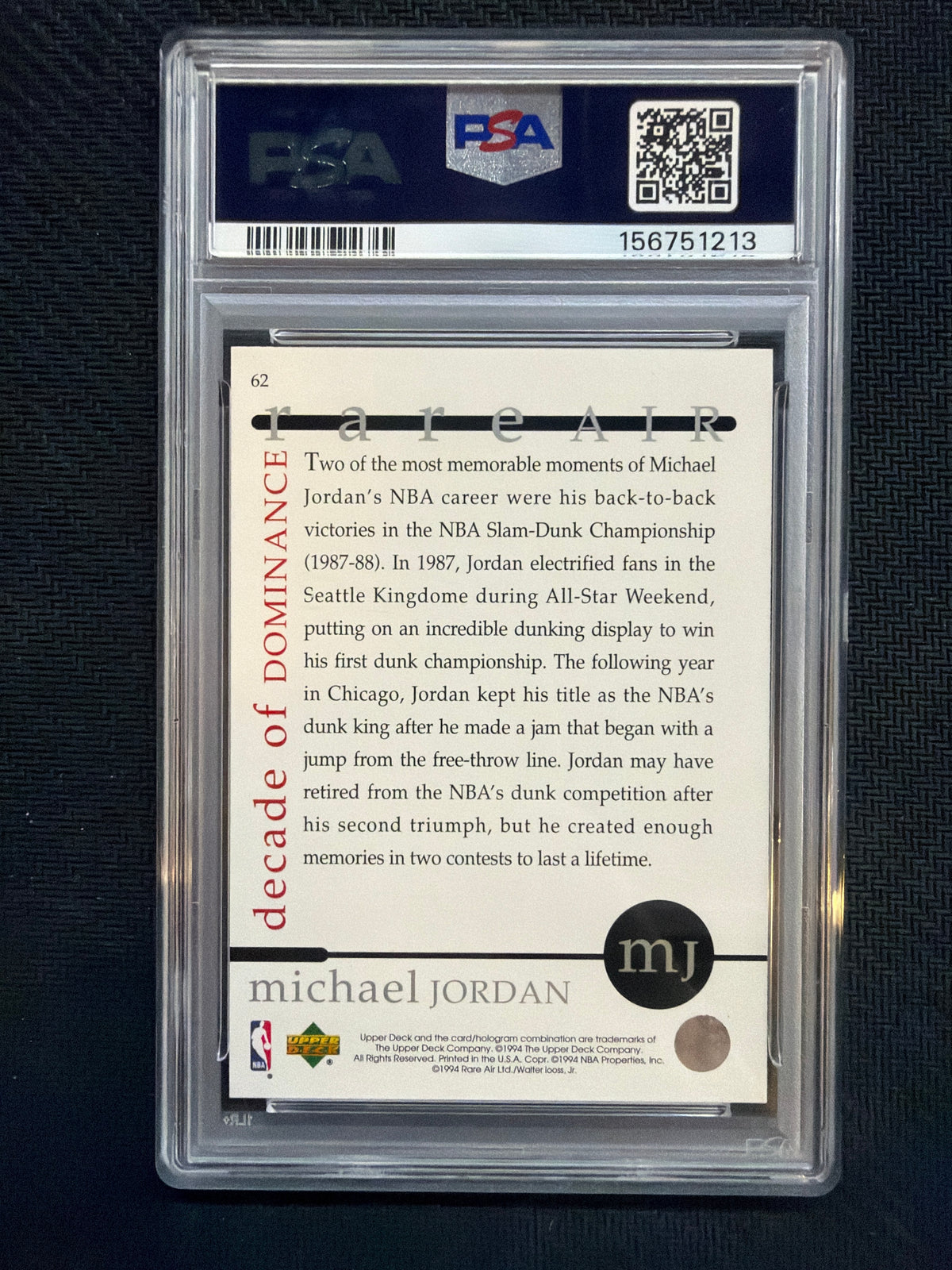 1994 Upper Deck Jordan Michael Jordan Rare Air #62 PSA 6 Bulls