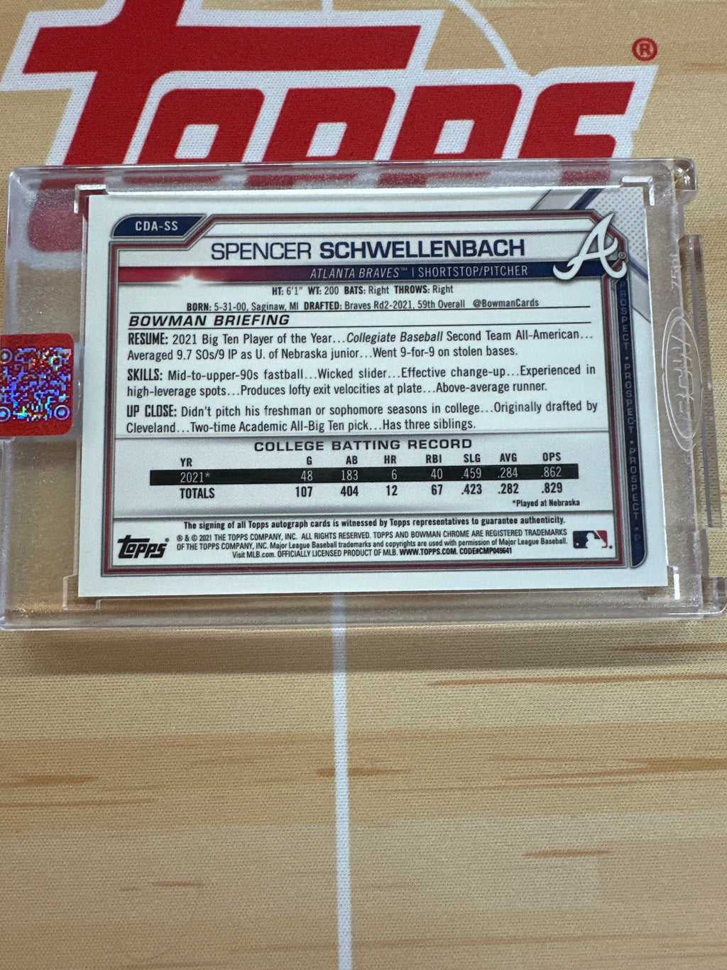 2021 Bowman Chrome Spencer Schwellenbach Rookie Auto Braves