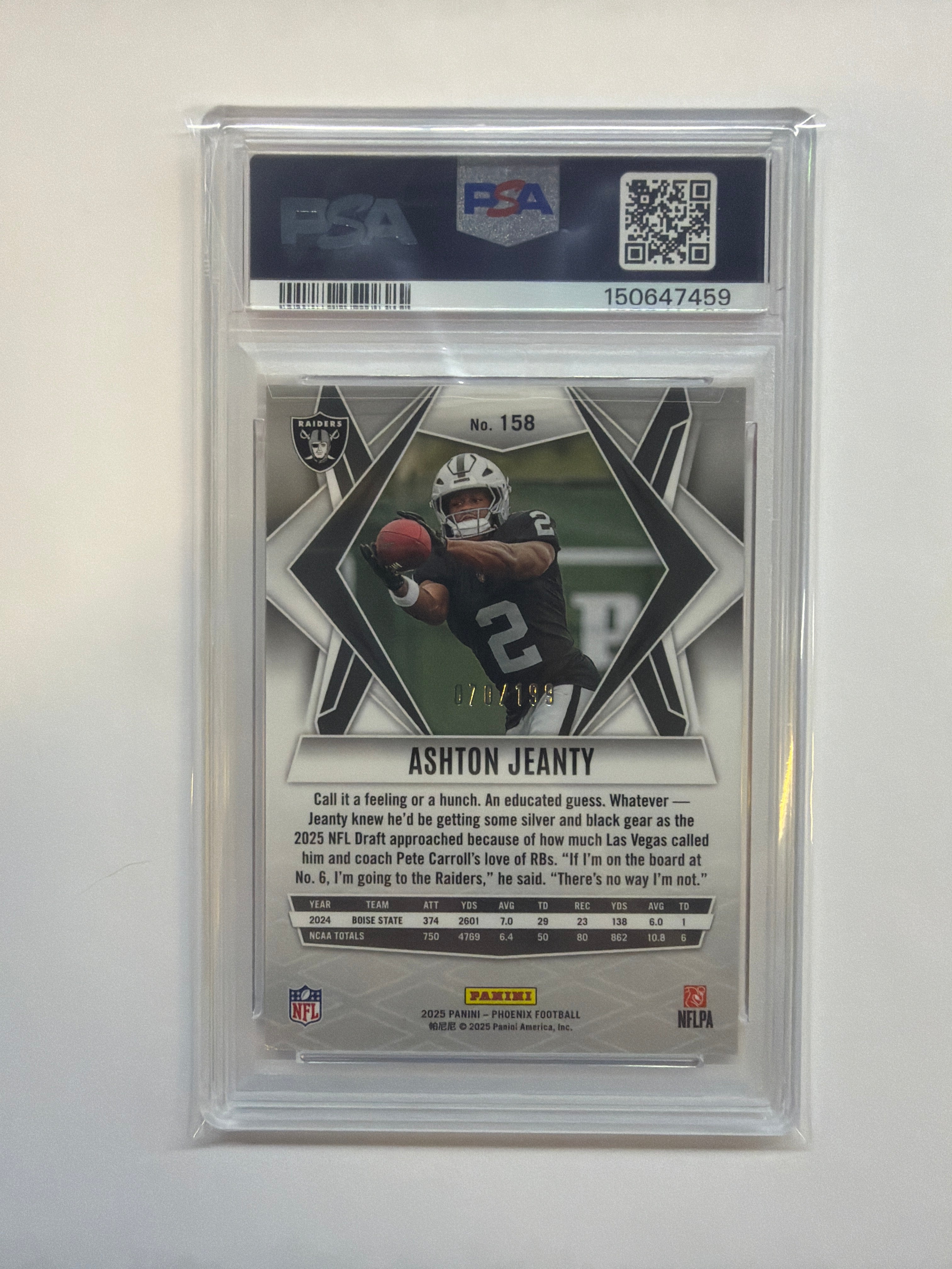 2025 Phoenix Ashton Jeanty Rookie Red Lazer /199 PSA 9 Raiders