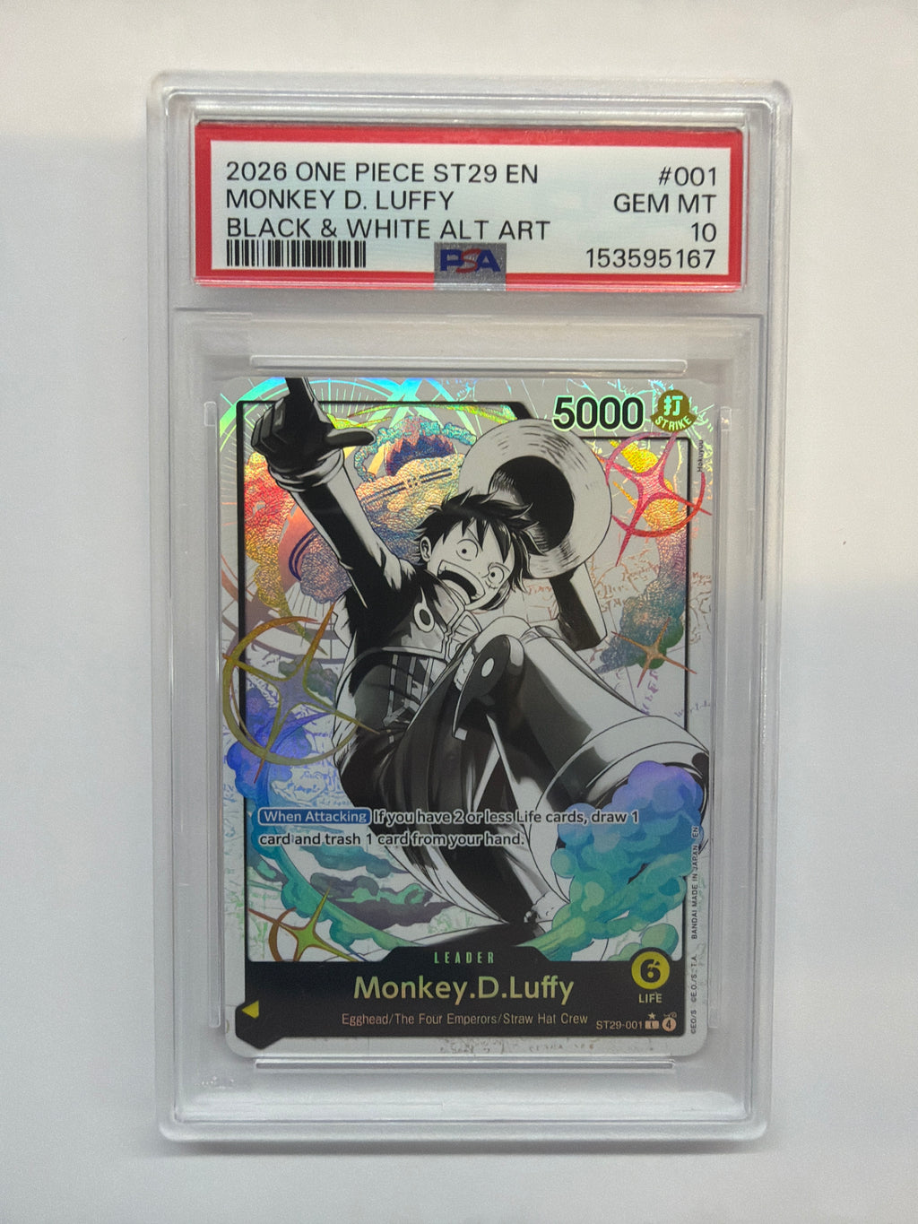 2026 One Piece ST29 Monkey D Luffy Black & White Alt Art 001 PSA 10