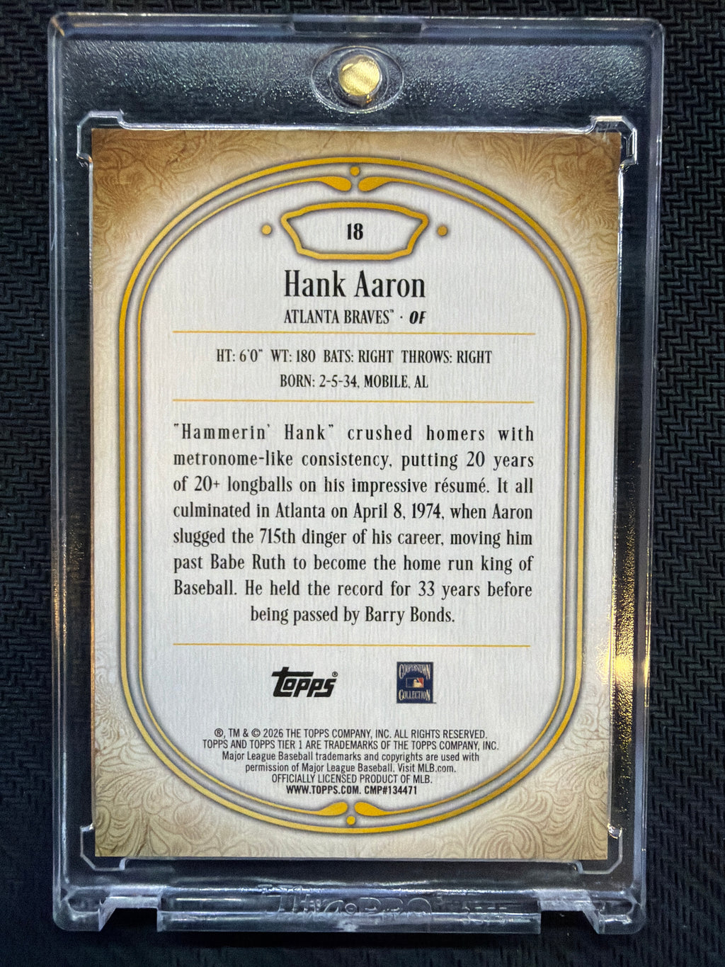 2026 Topps Tier One Hank Aaron Platinum Blue Foil 1/1 Braves