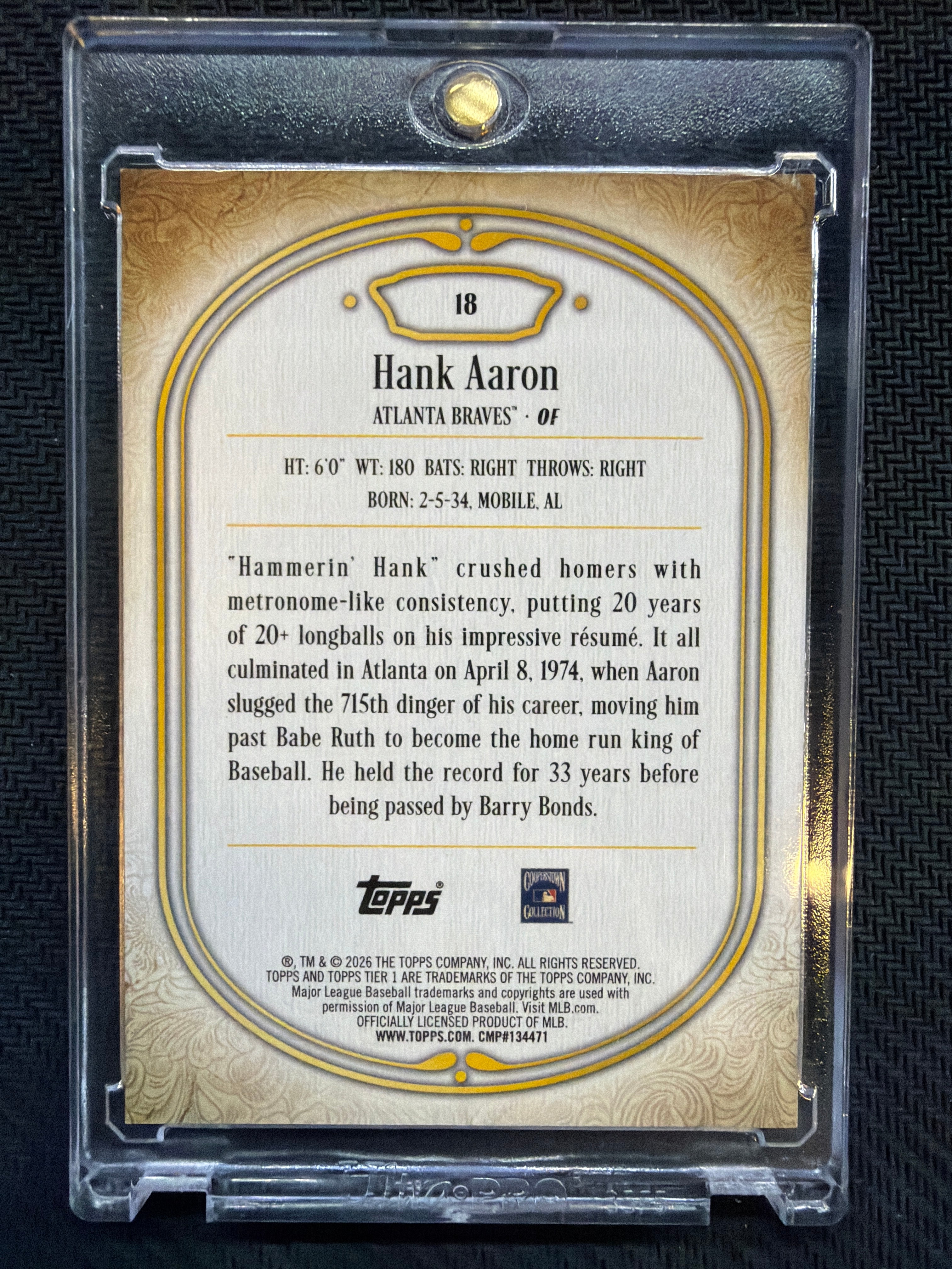 2026 Topps Tier One Hank Aaron Platinum Blue Foil 1/1 Braves