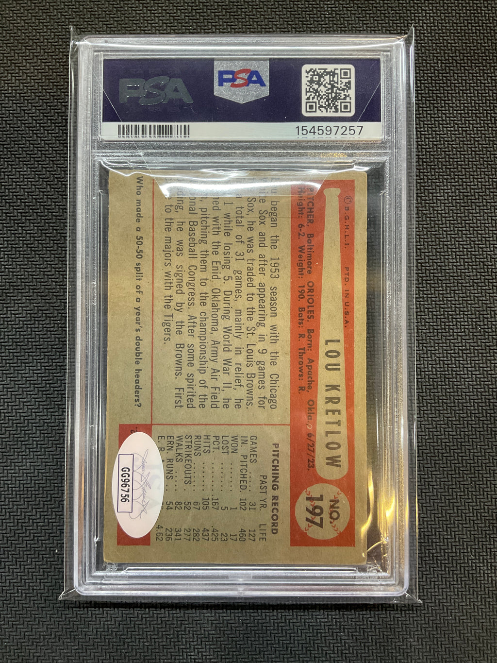 1954 Bowman Lou Kretlow #197 PSA 2 Auto 9 257