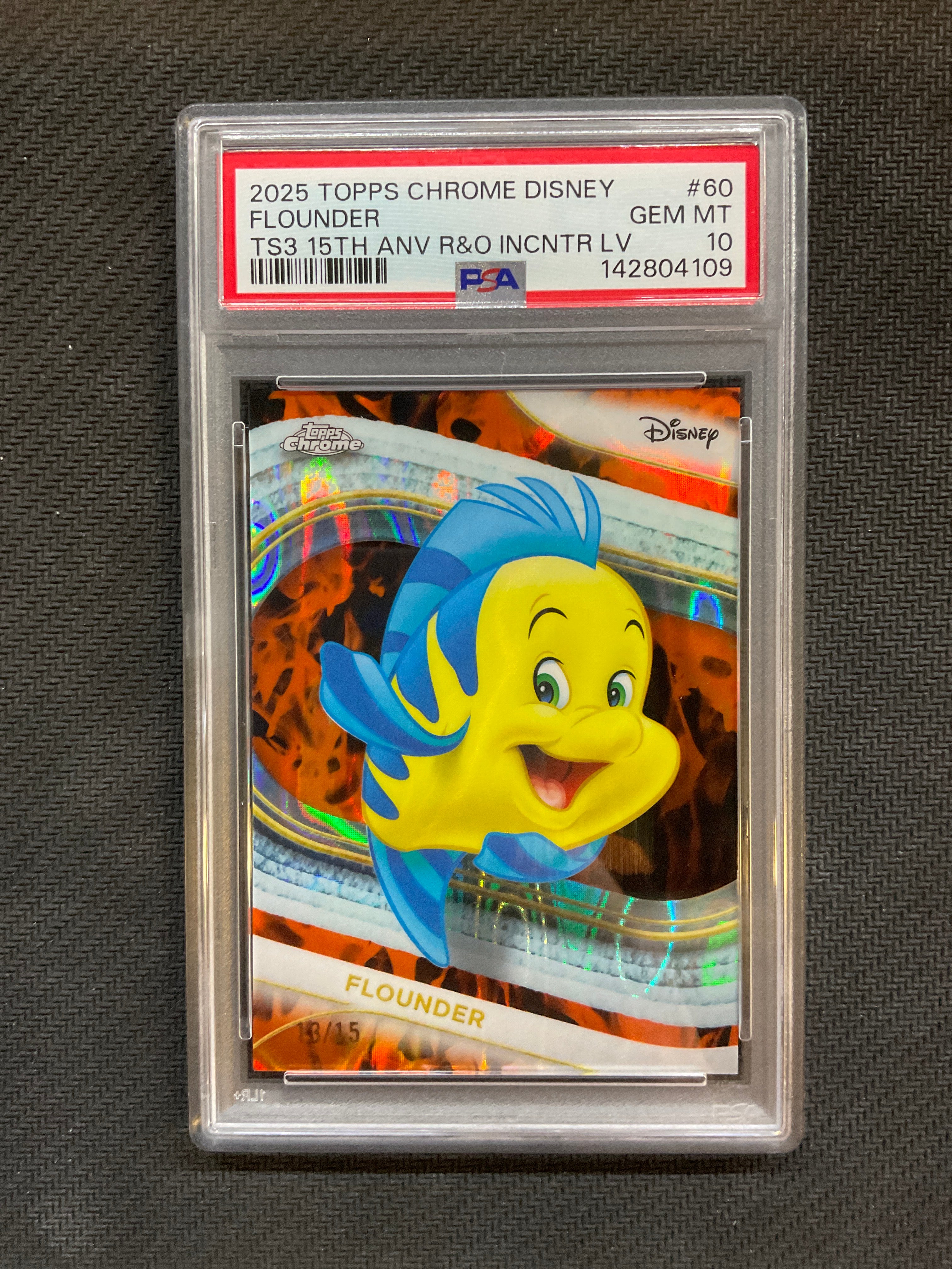 2025 Topps Chrome Disney Flounder 15th Anniversary Lava Refractor /15 PSA 10