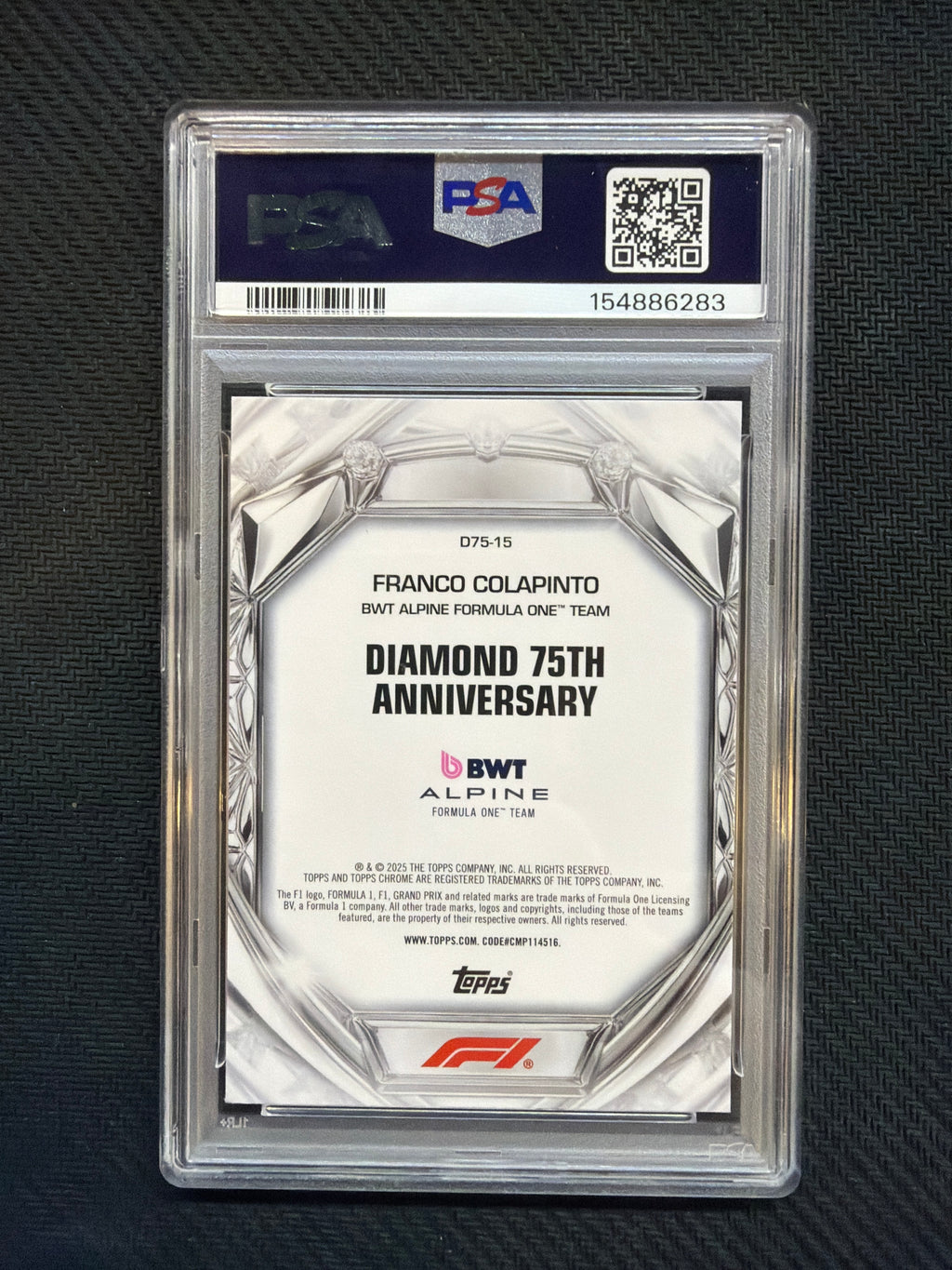 2025 Topps Chrome Franco Colapinto Diamond 75th Anniversary Night Vision /299 PSA 9