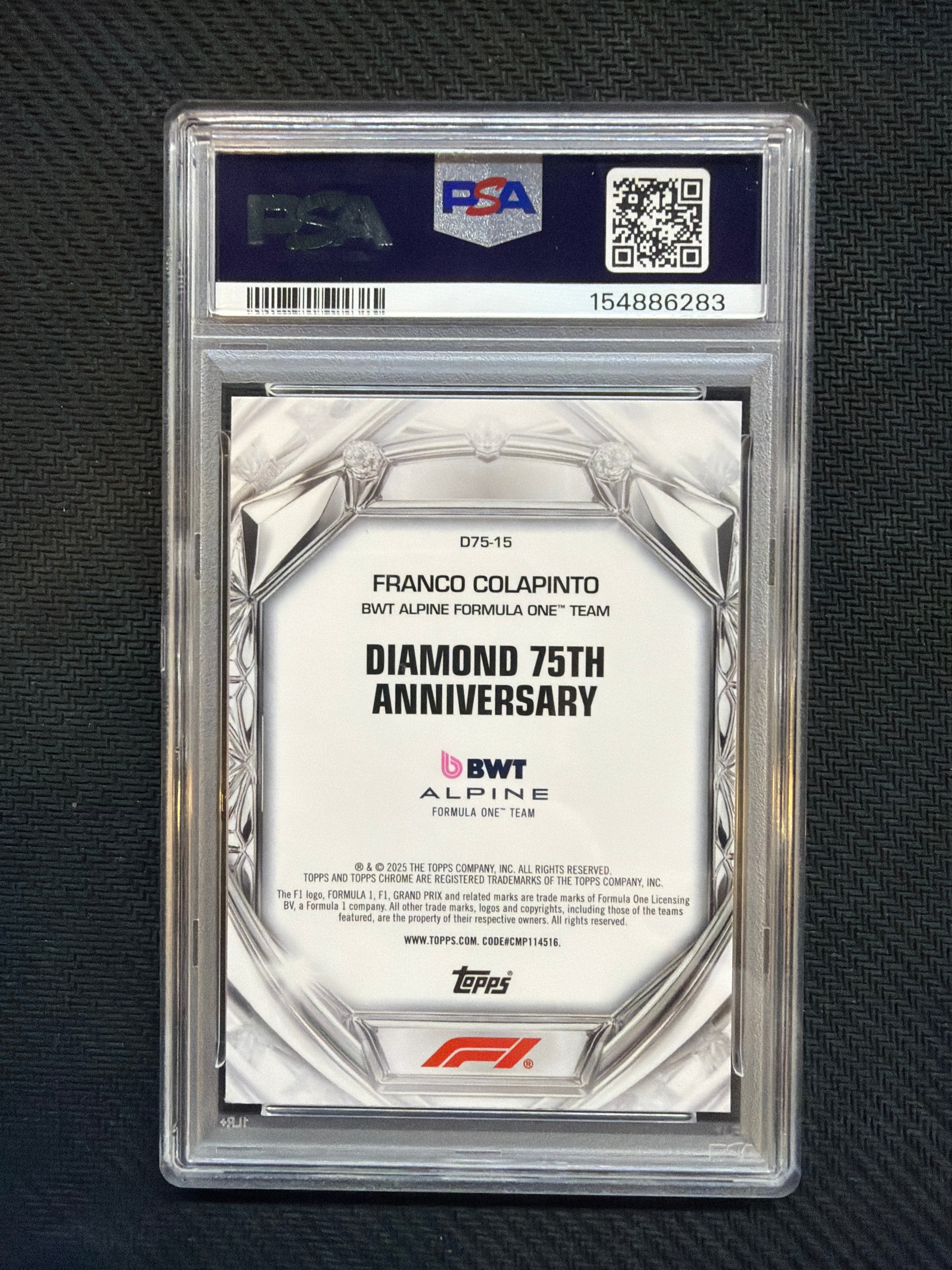 2025 Topps Chrome Franco Colapinto Diamond 75th Anniversary Night Vision /299 PSA 9