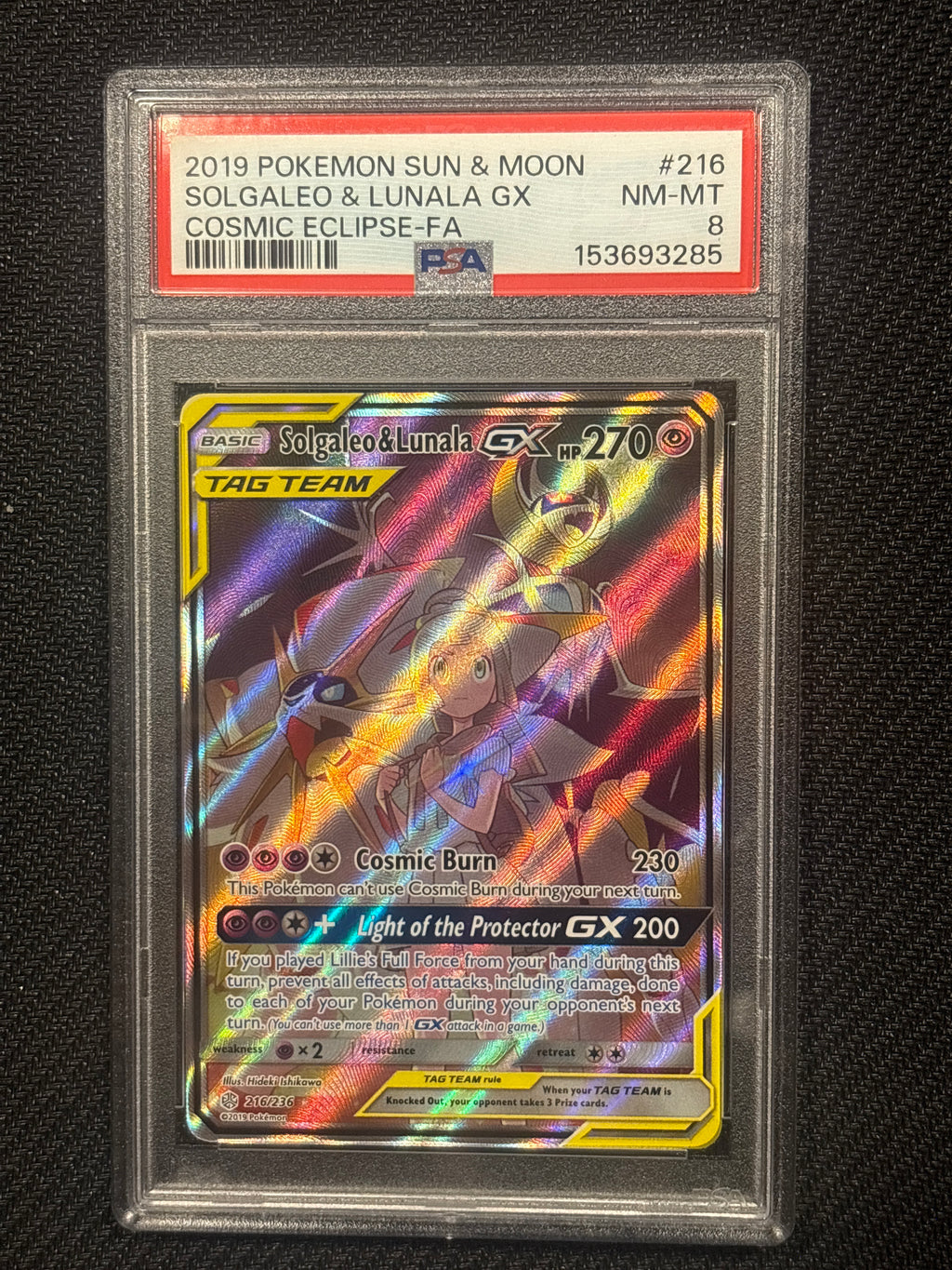 2019 Pokemon Cosmic Eclipse Solgaelo & Lunala GX 216 PSA 8