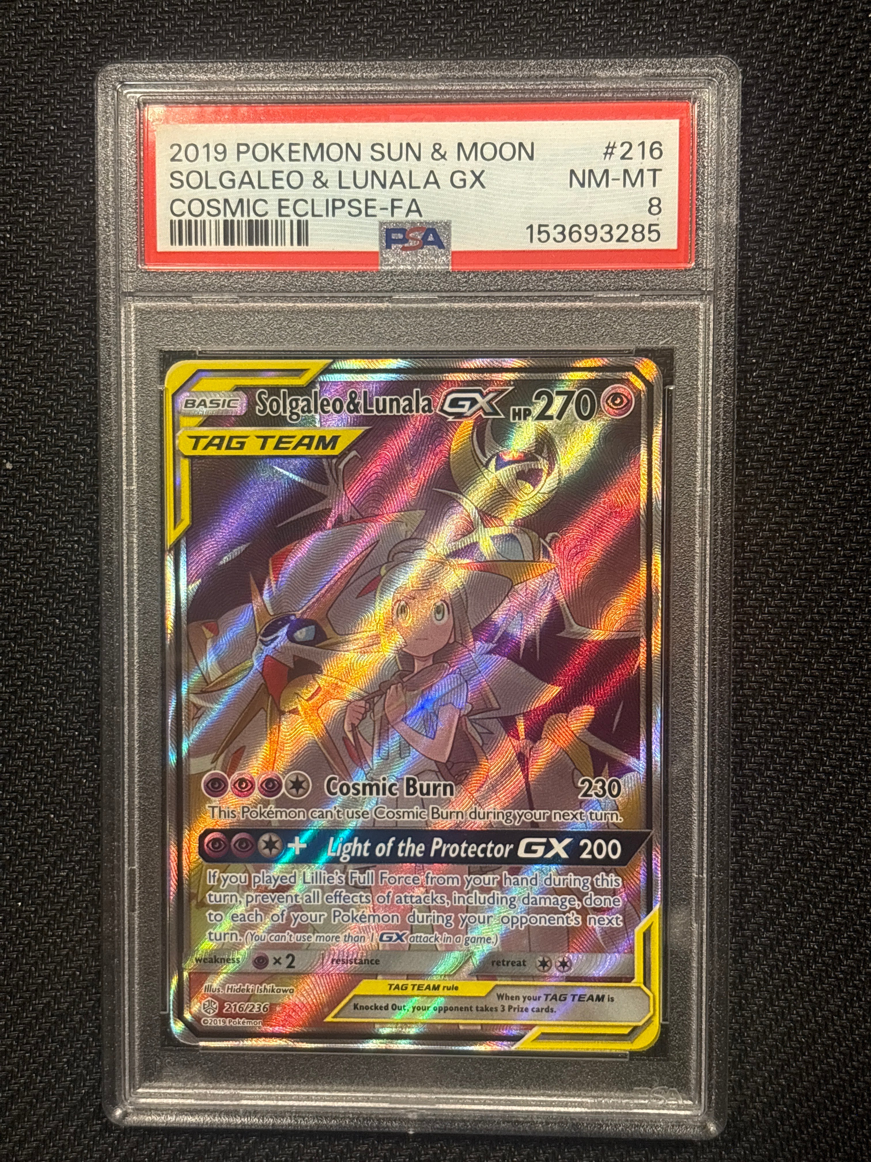2019 Pokemon Cosmic Eclipse Solgaelo & Lunala GX 216 PSA 8