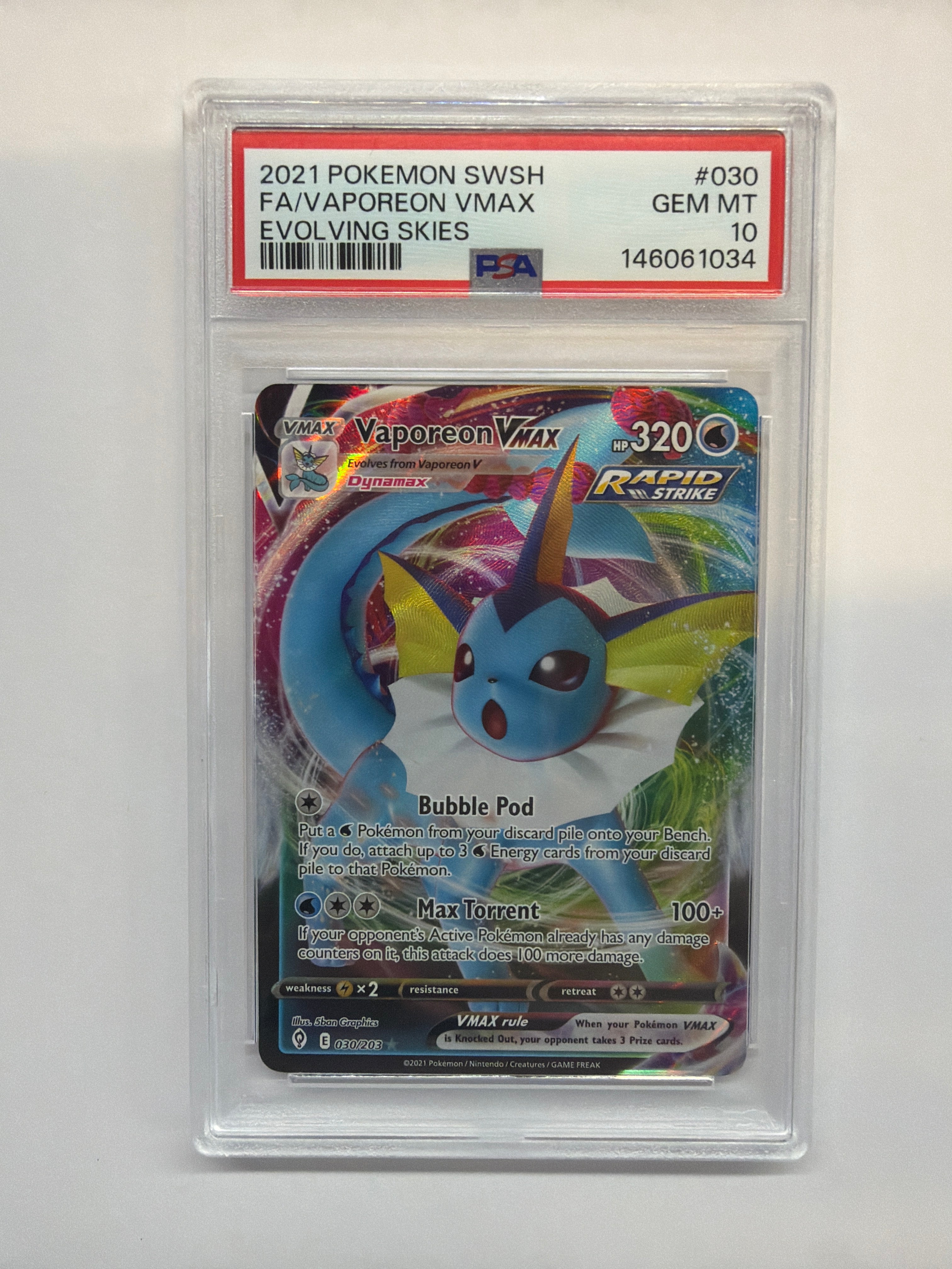 2021 Pokemon Evolving Skies Vaporeon Vmax 030 PSA 10