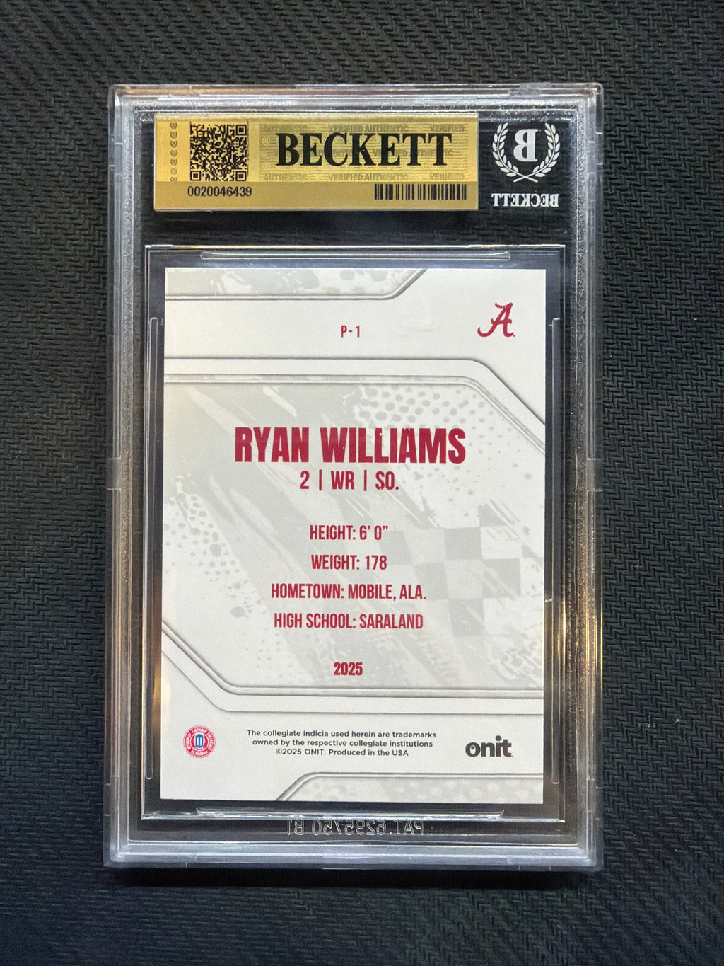 2025 Onit Alabama Ryan Williams Platinum /49 BGS 10 Alabama