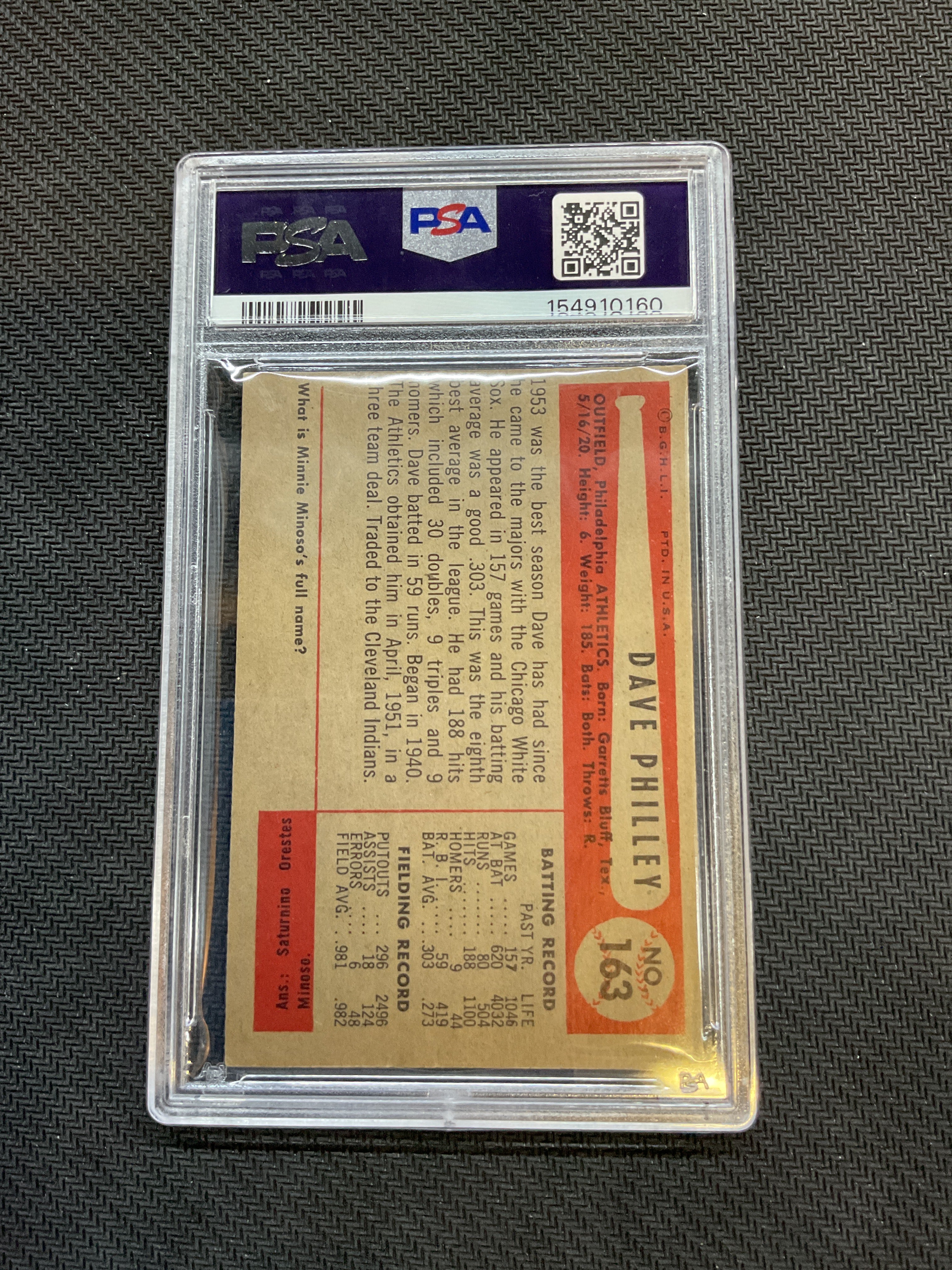 1954 Bowman Dave Philley #163 157 Games Traded Line PSA 4 160