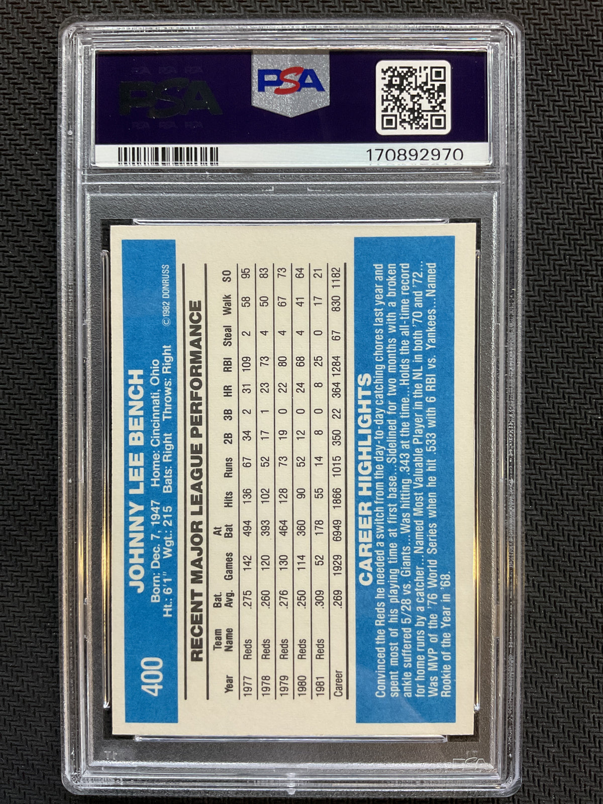 1982 Donruss #400 Johnny Bench PSA 9