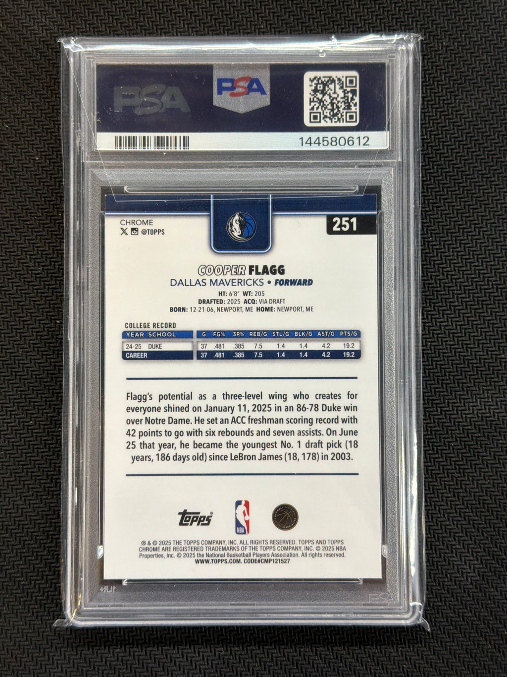 2025-26 Topps Chrome Cooper Flagg Raywave PSA 10 612