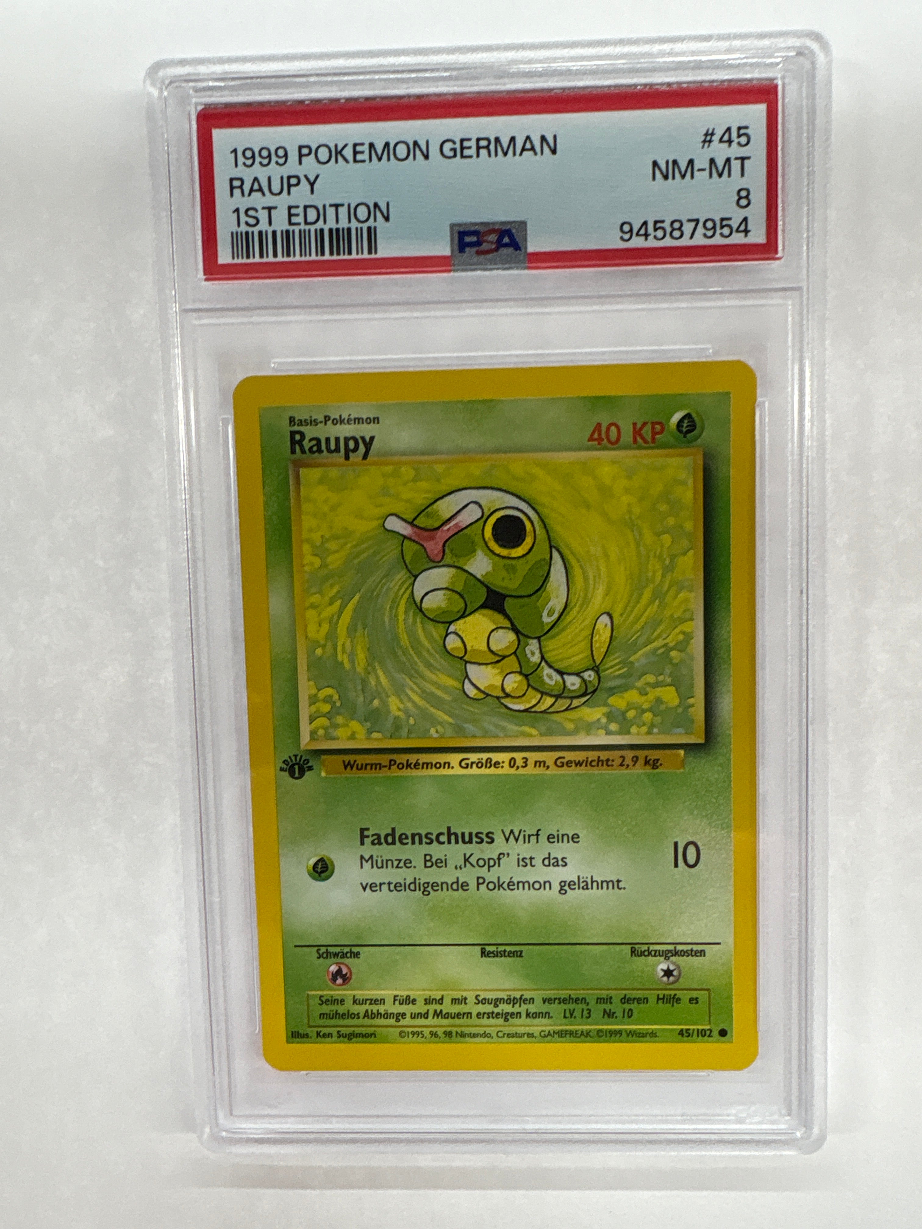 1999 German Pokemon 1st Edition Raupy (Caterpie) 45 PSA 8