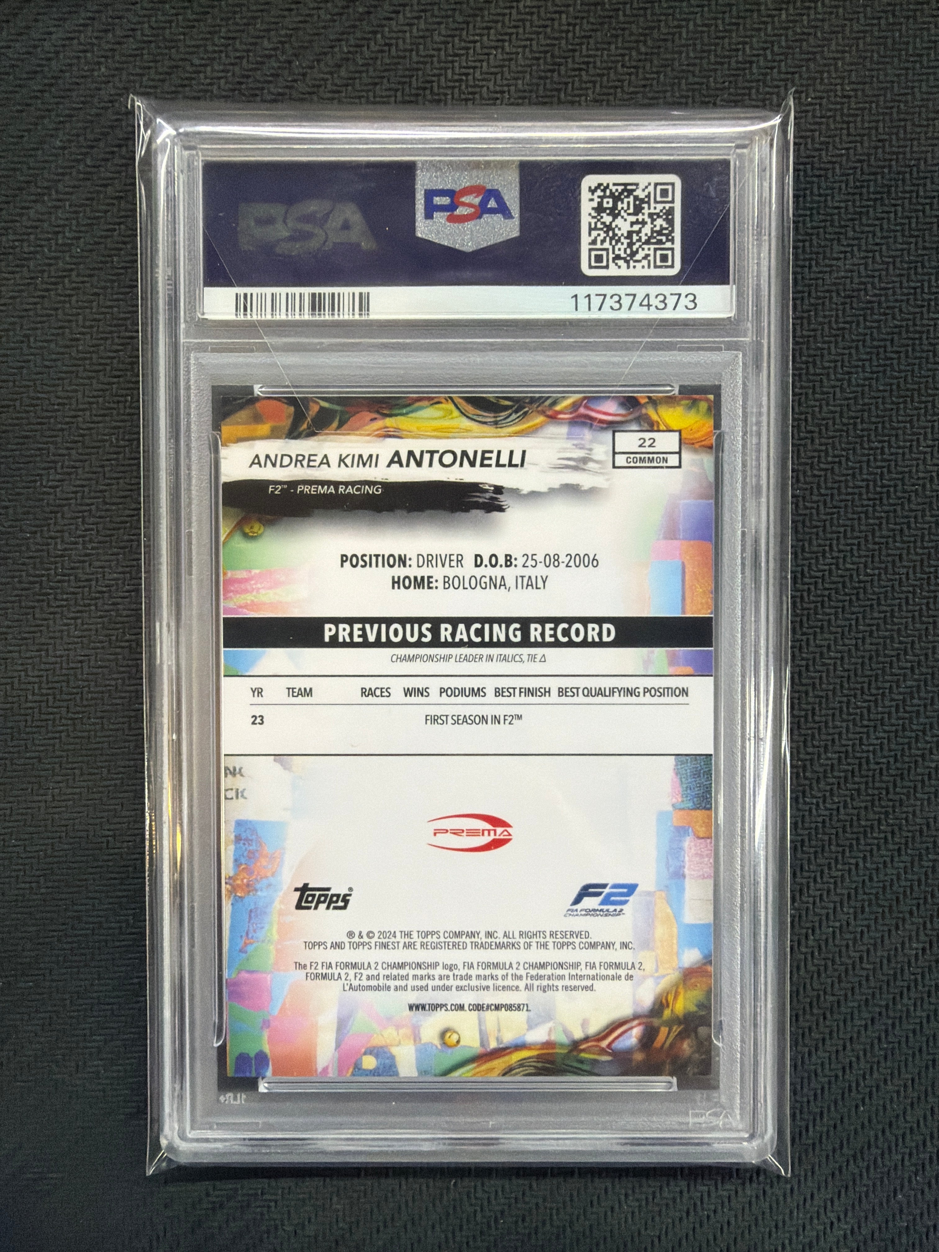 2024 Topps Finest Formula 1 Andrea Kimi Antonelli Blue Refractor /200 PSA 10