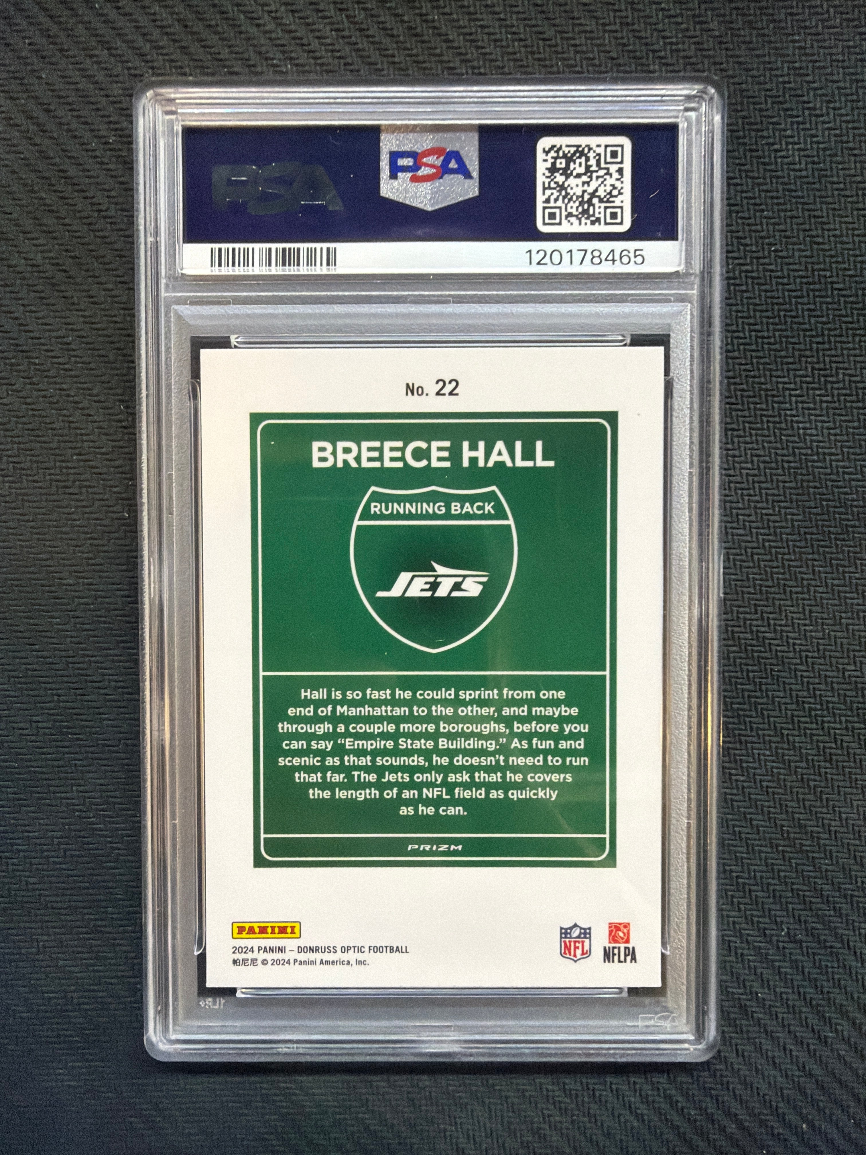 2024 Donruss Optic Breece Hall Downtown #22 PSA 10 Jets 465