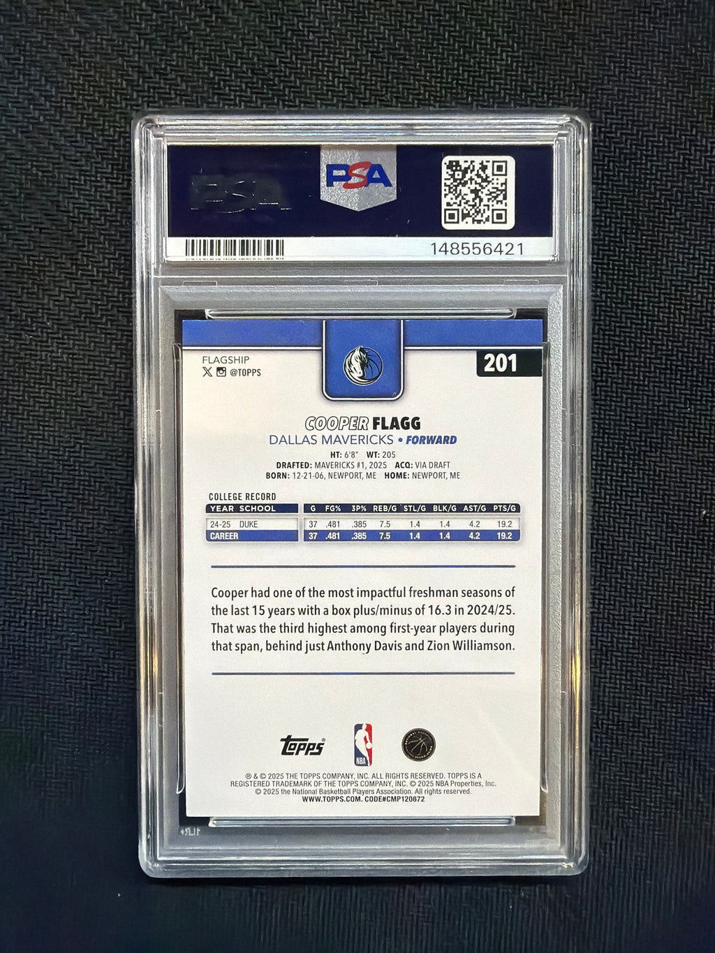 2025 Topps #201 Cooper Flagg Rookie PSA 9 Mavs 421