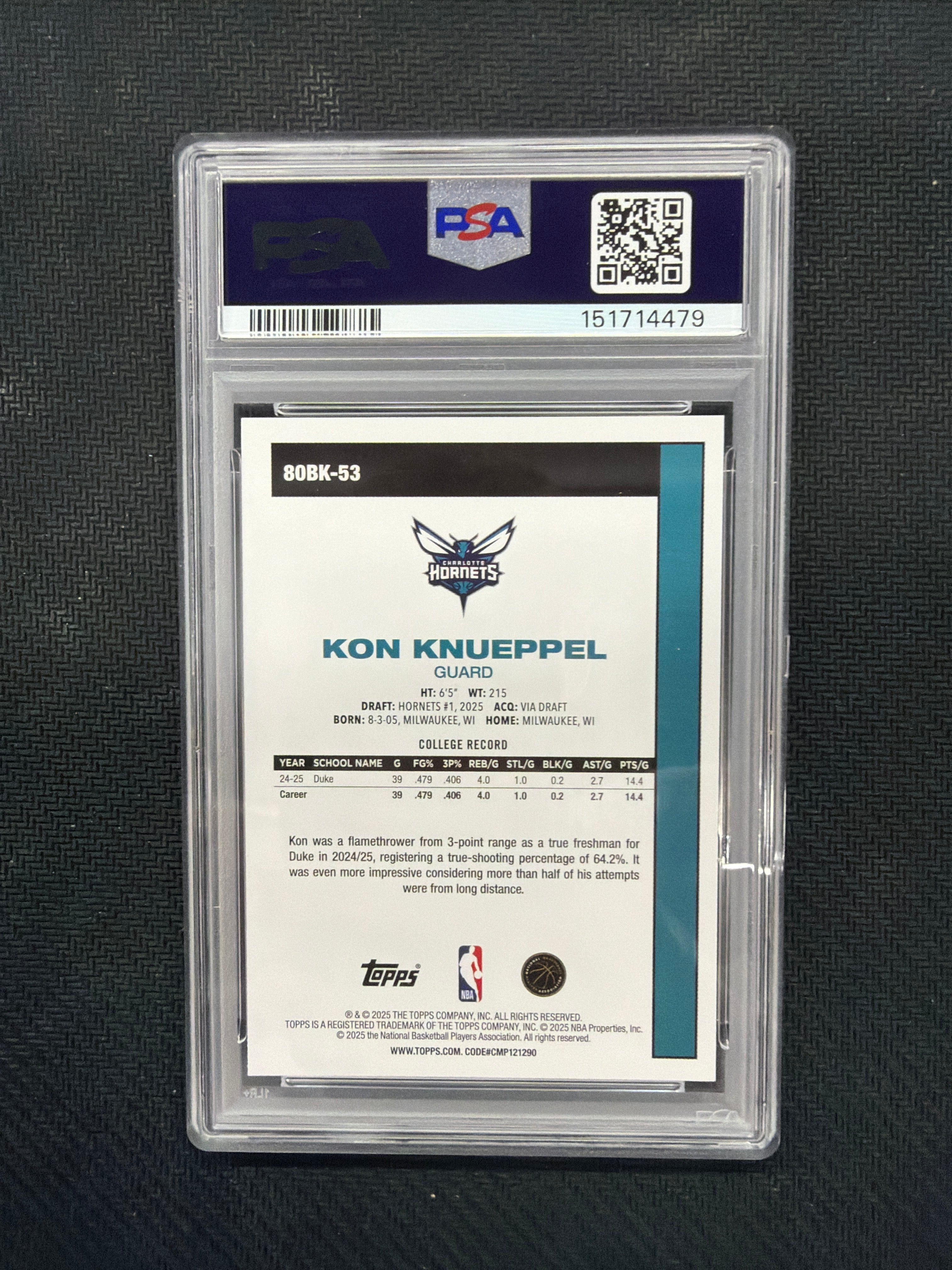 2025 Topps Kon Knueppel 1980 Topps Basketball Rookie PSA 8 Hornets