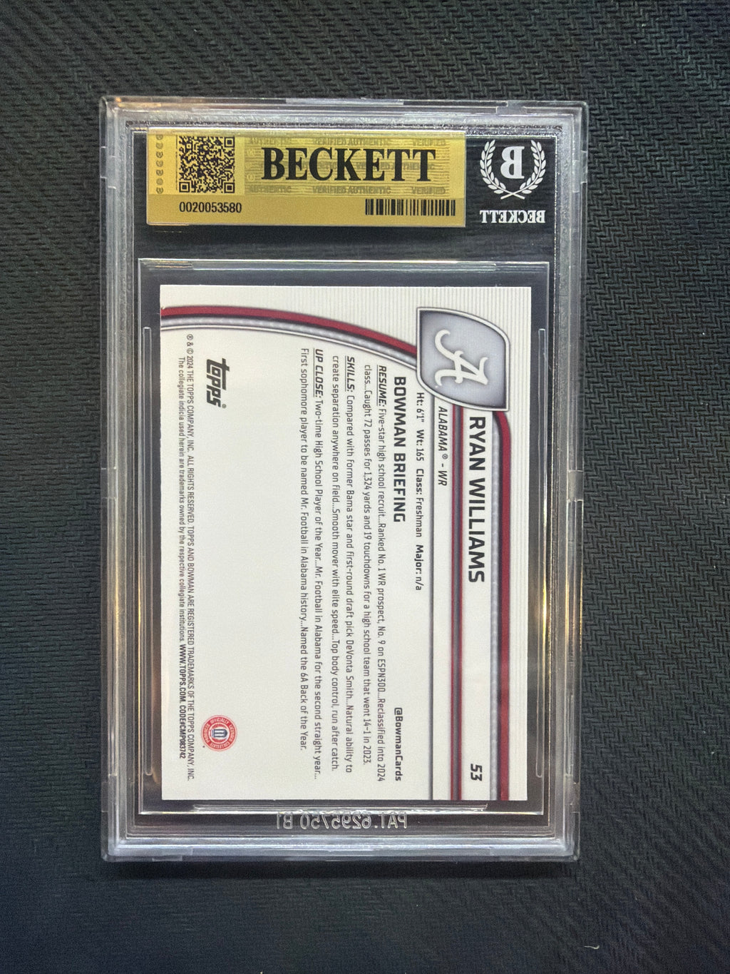 2024 Bowman Chrome U Ryan Williams BGS 9.5 Alabama