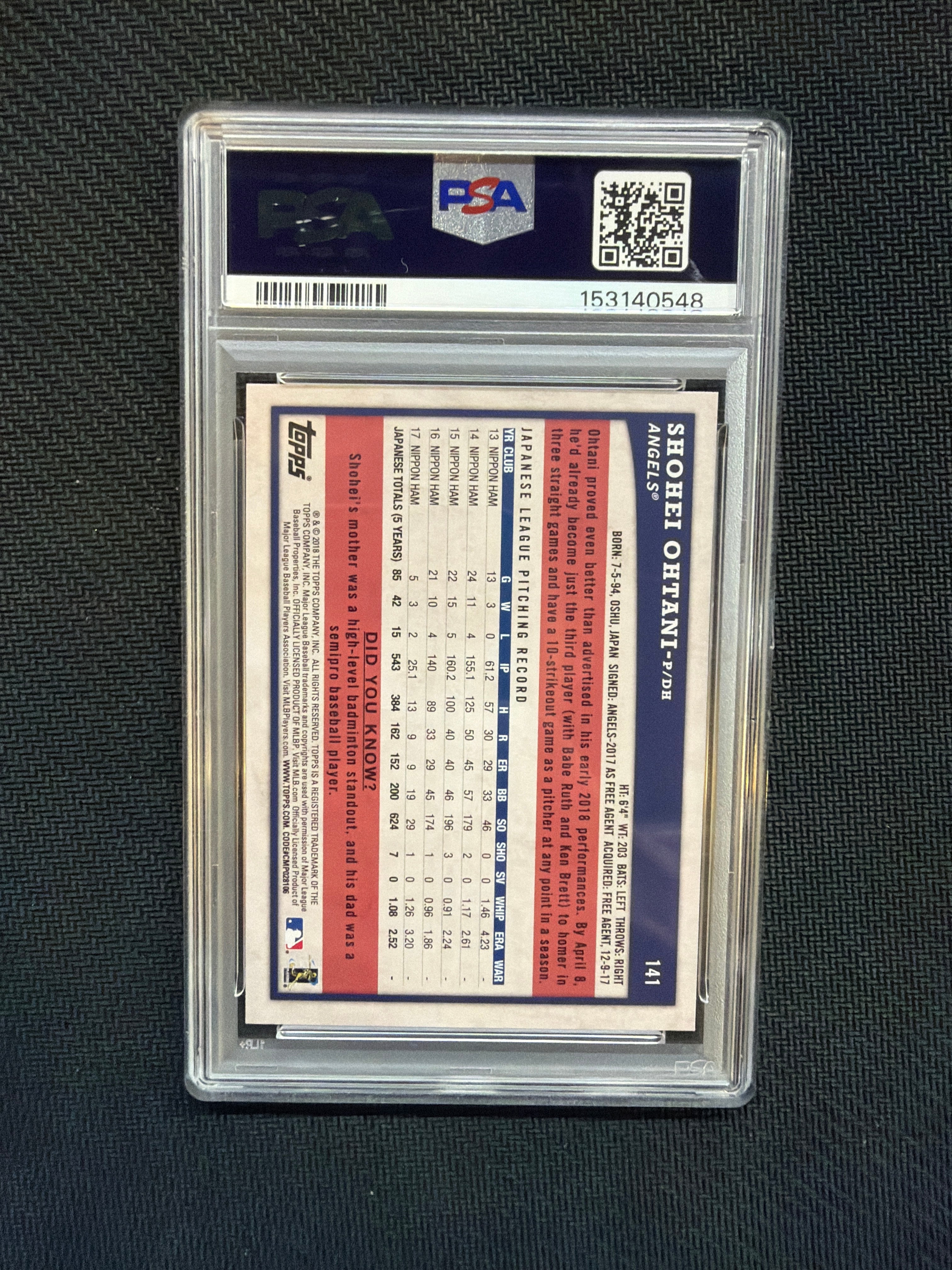 2018 Topps Big League Shohei Ohtani #141 PSA 10 Angels 548