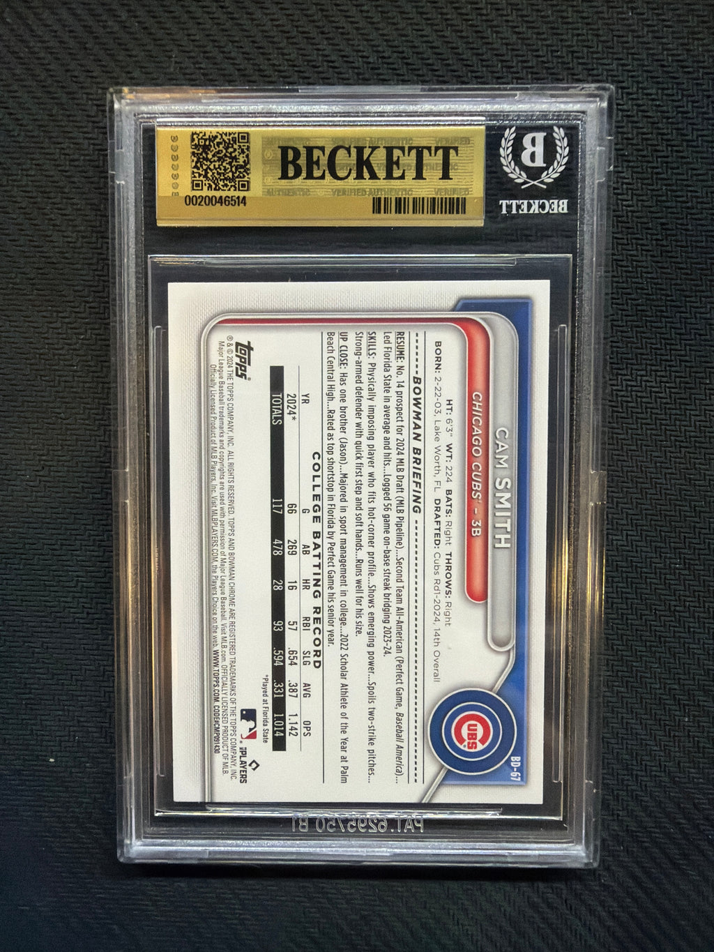 2024 Bowman Draft Cam Smith 1st Bowman BGS 9.5 Cubs 514