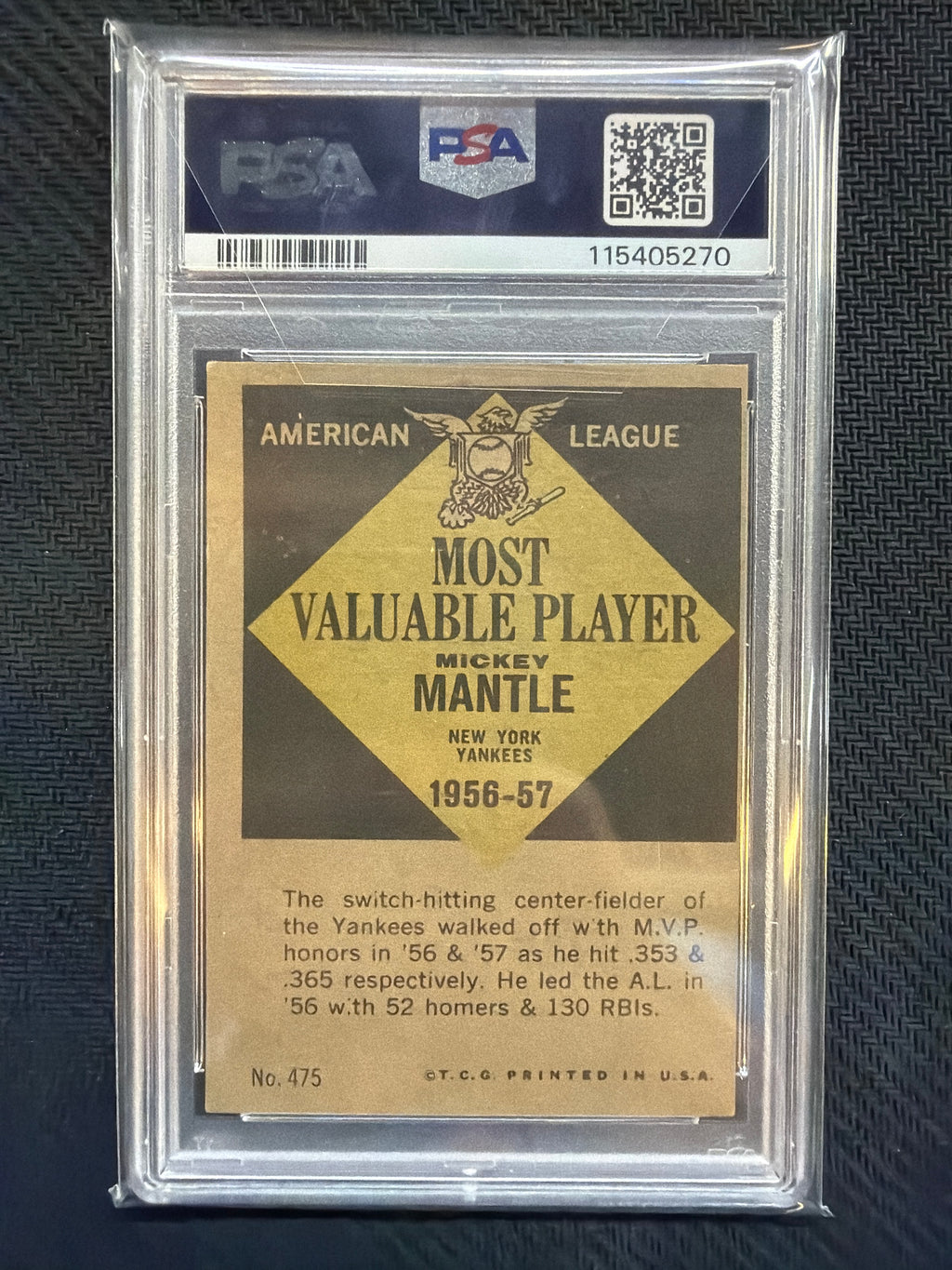 1961 Topps Mickey Mantle MVP #475 PSA 4 Yankees