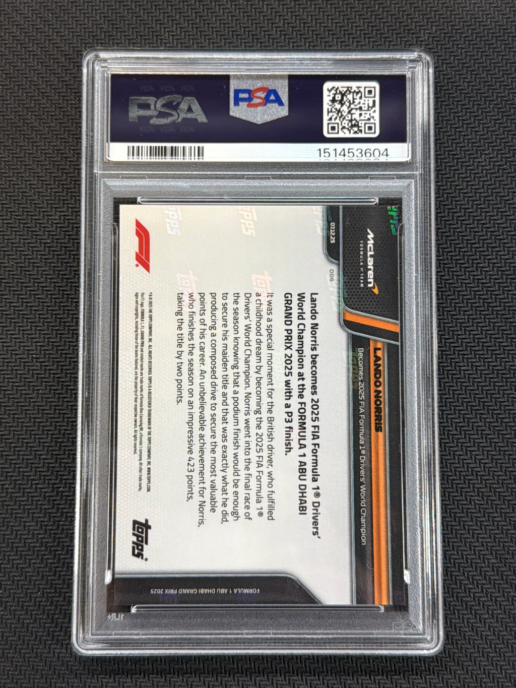 2025 Topps Now F1 Formula 1 Lando Norris #86 PSA 10 World Champion 604