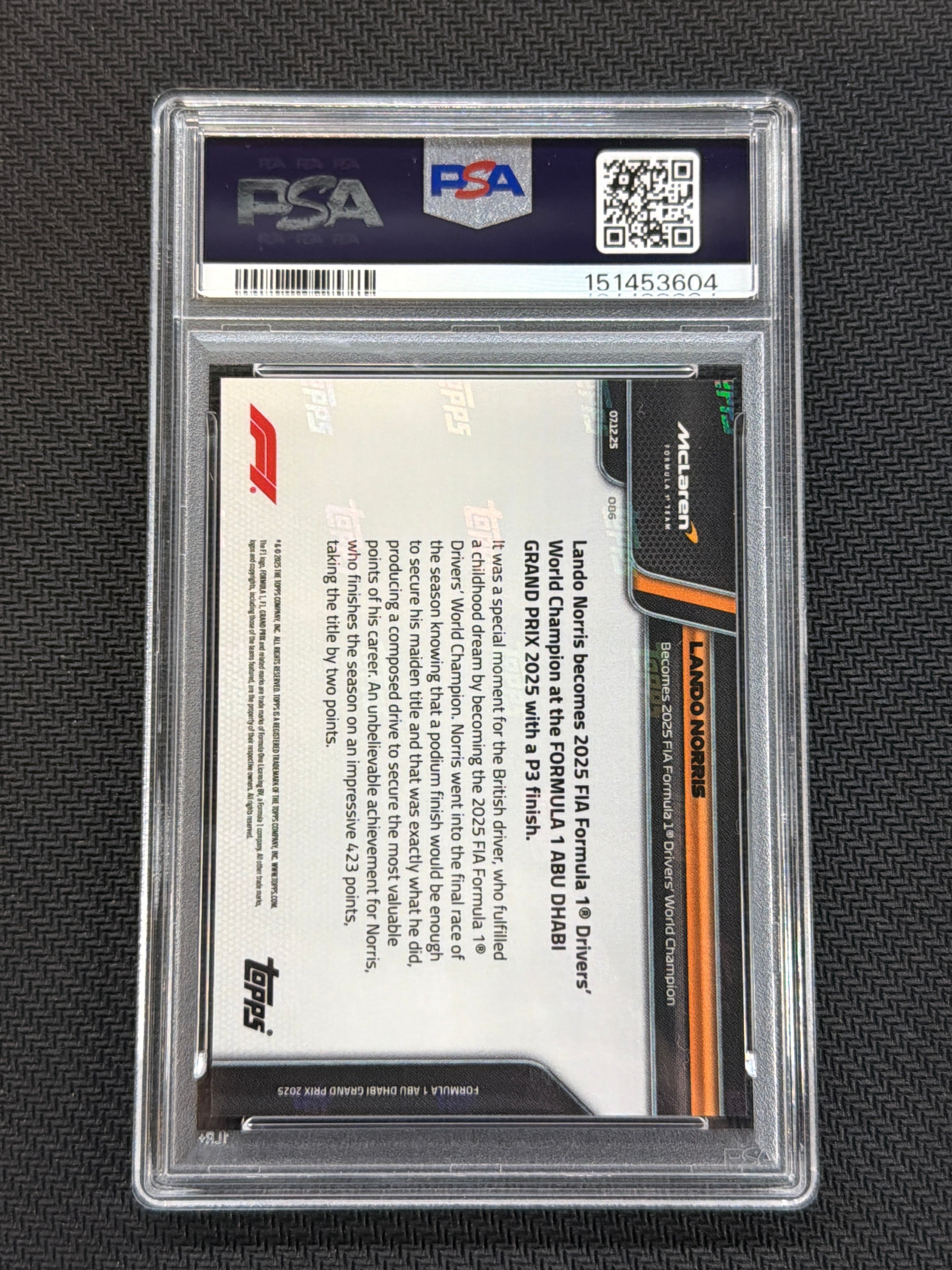 2025 Topps Now F1 Formula 1 Lando Norris #86 PSA 10 World Champion 604