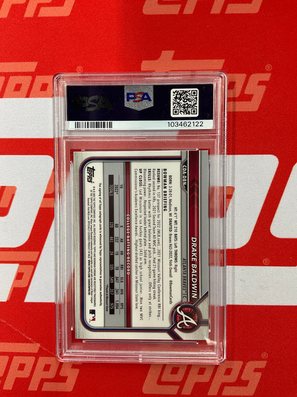 2022 Bowman Drake Baldwin Rookie Auto PSA 8 Braves