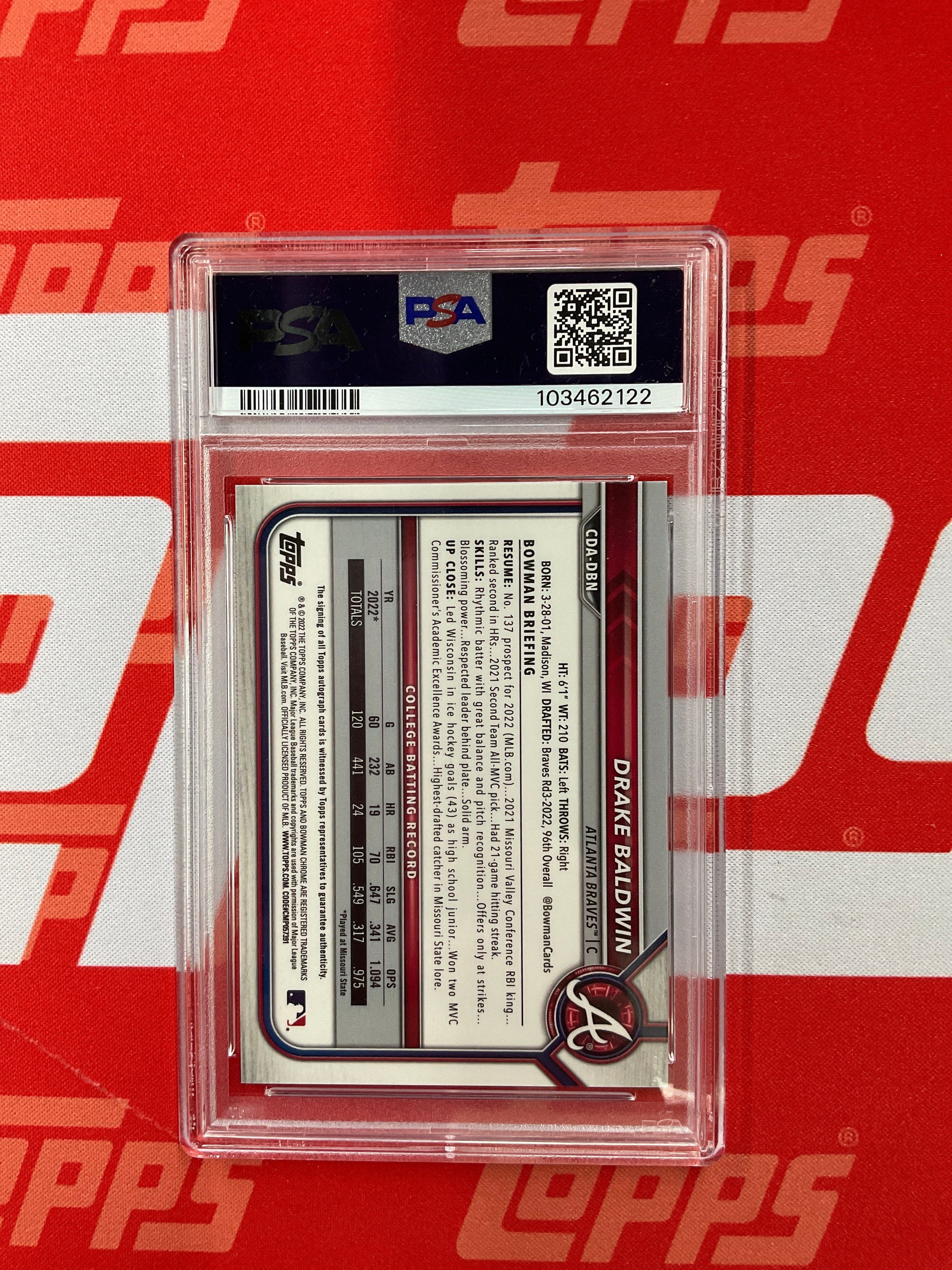 2022 Bowman Drake Baldwin Rookie Auto PSA 8 Braves