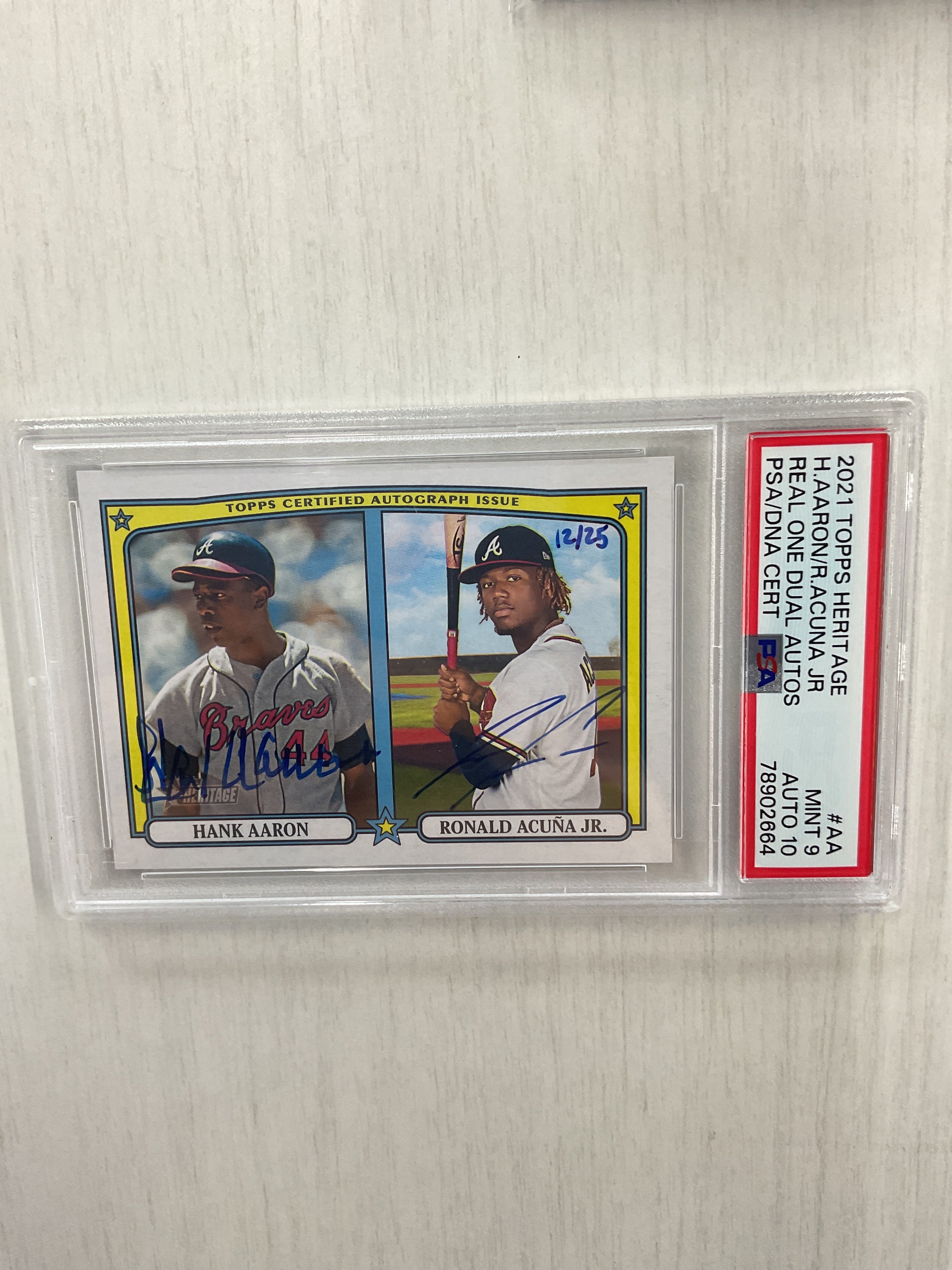 2021 Topps Heritage Ronald Acuna Jr. Hank Aaron Dual Auto /25 PSA 9 10