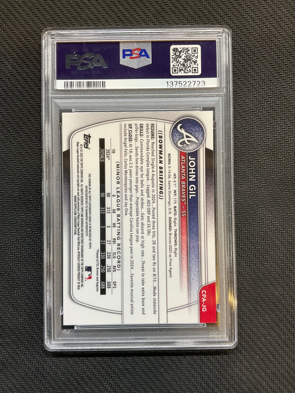 2025 Bowman Chrome John Gil Rookie Auto PSA 9 Braves