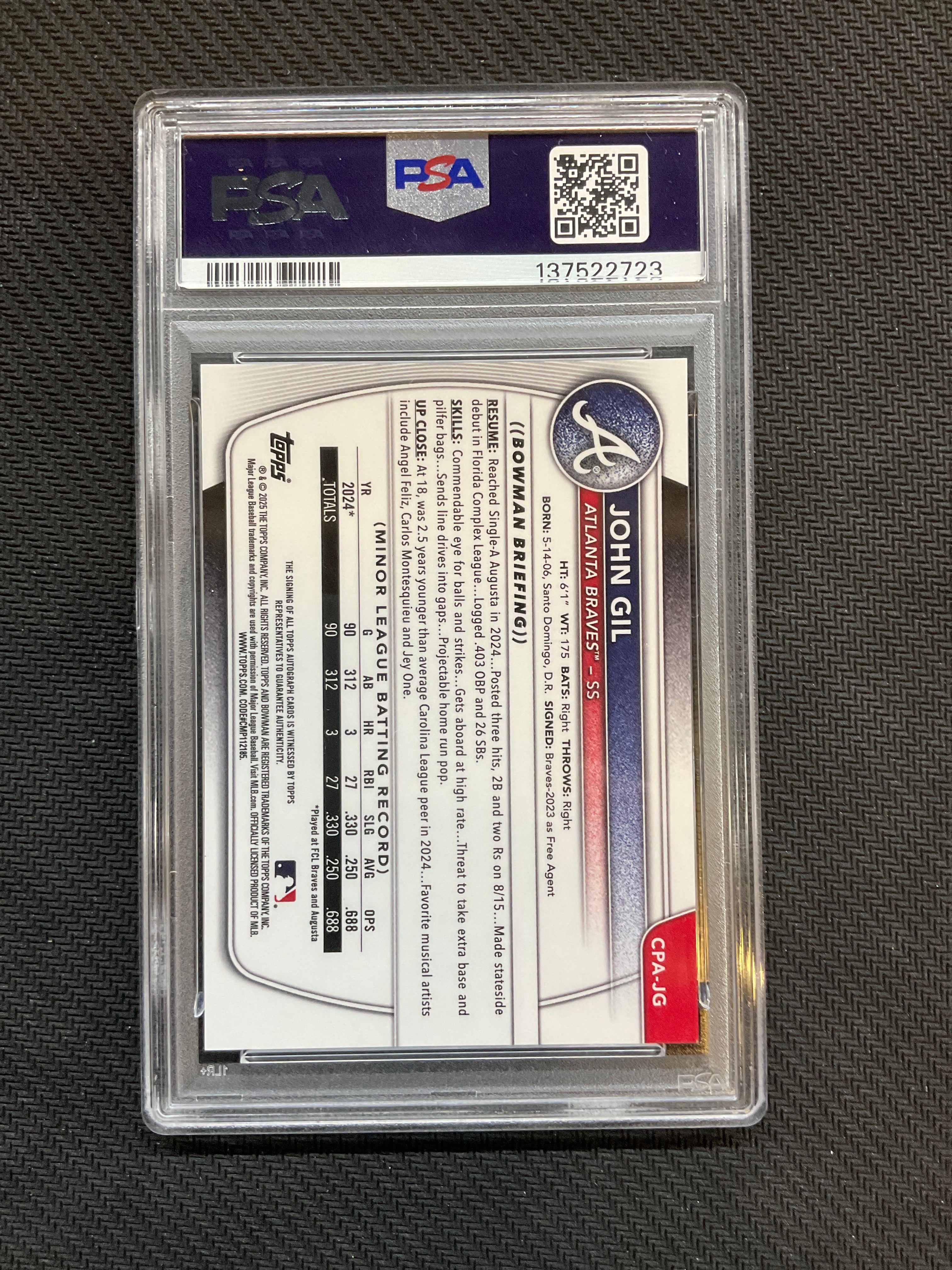 2025 Bowman Chrome John Gil Rookie Auto PSA 9 Braves