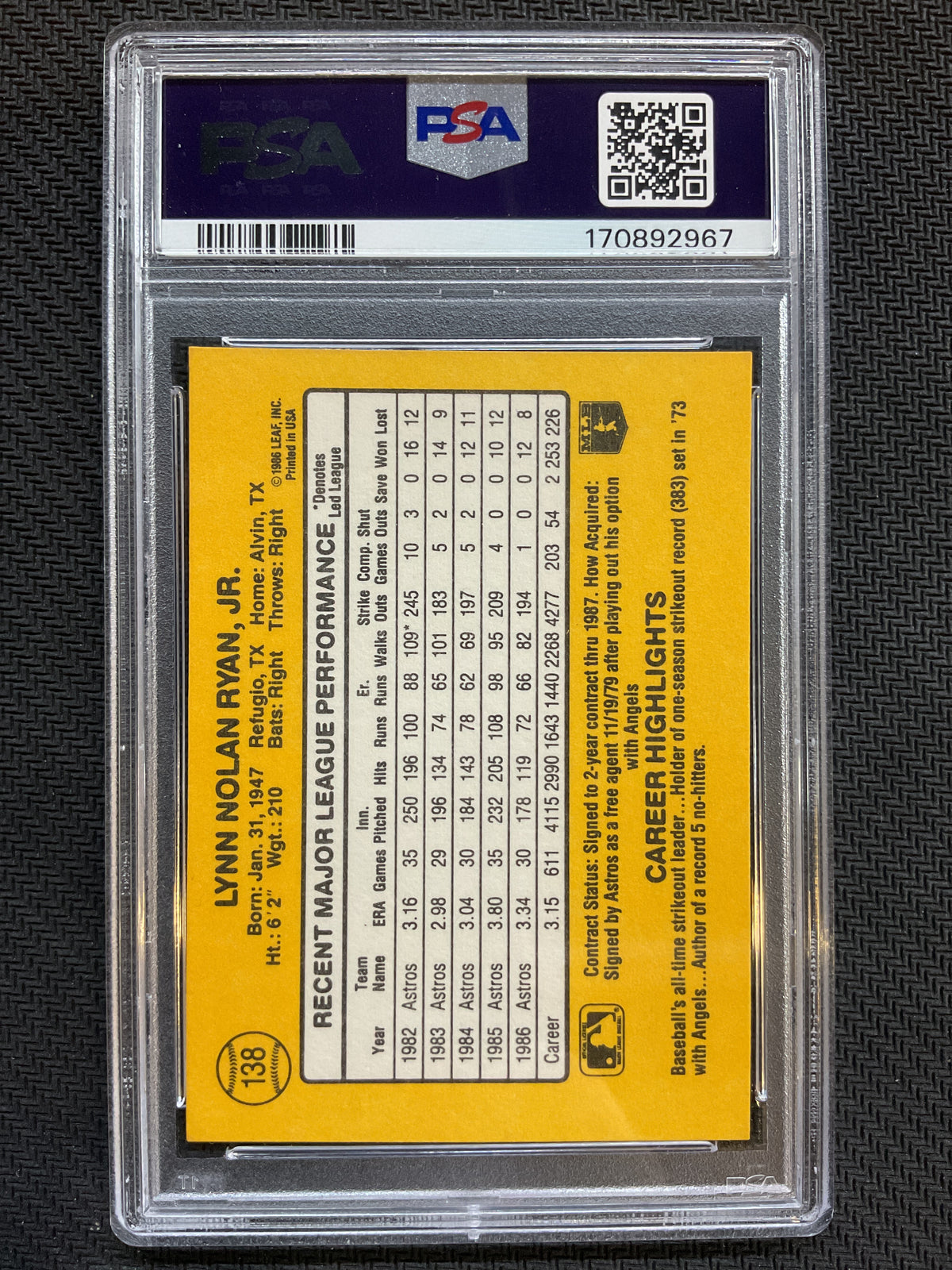 1987 Donruss #138 Nolan Ryan PSA 10