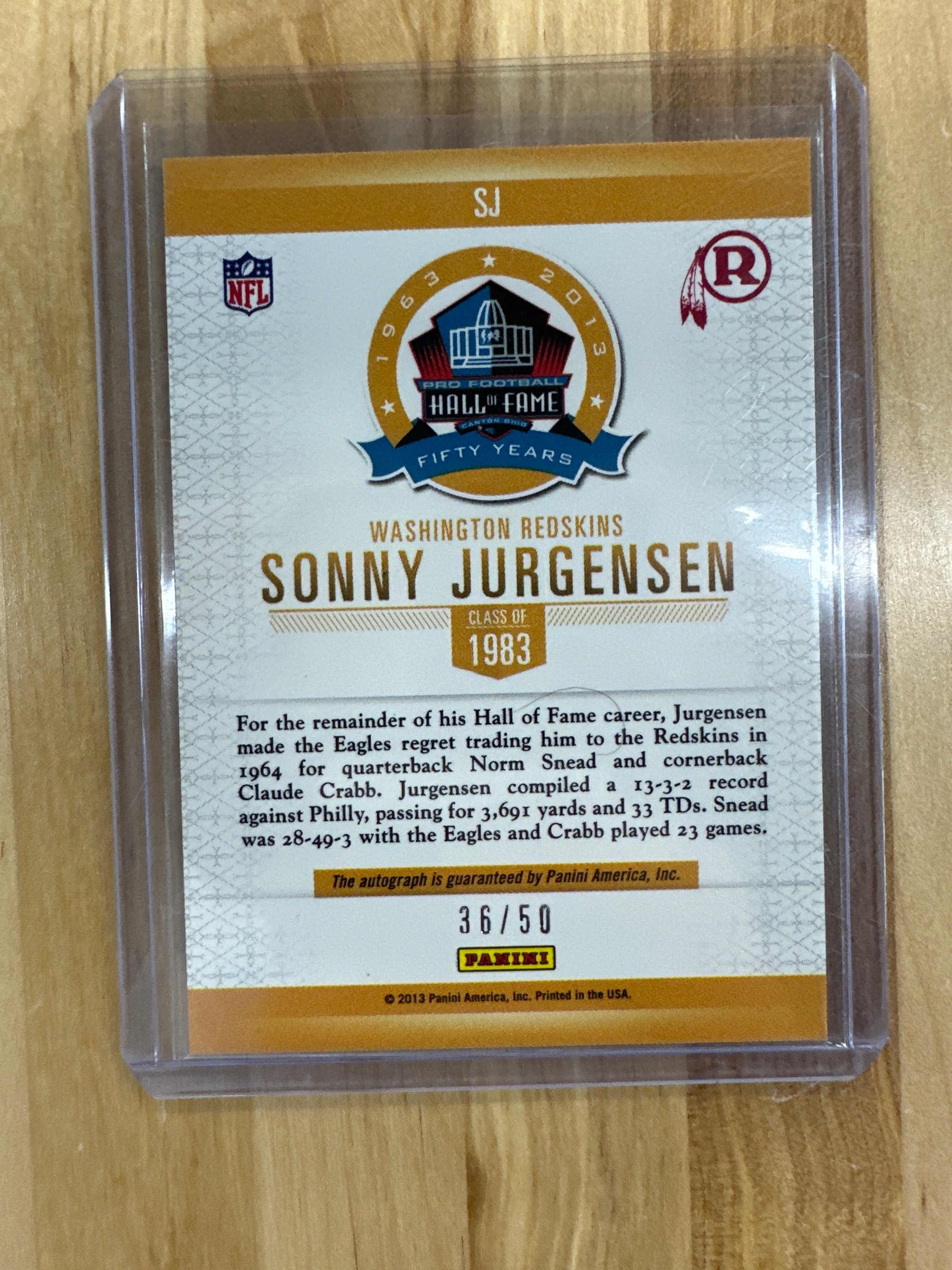 2013 Panini Sonny Jurgensen Auto Hall Of Fame /50