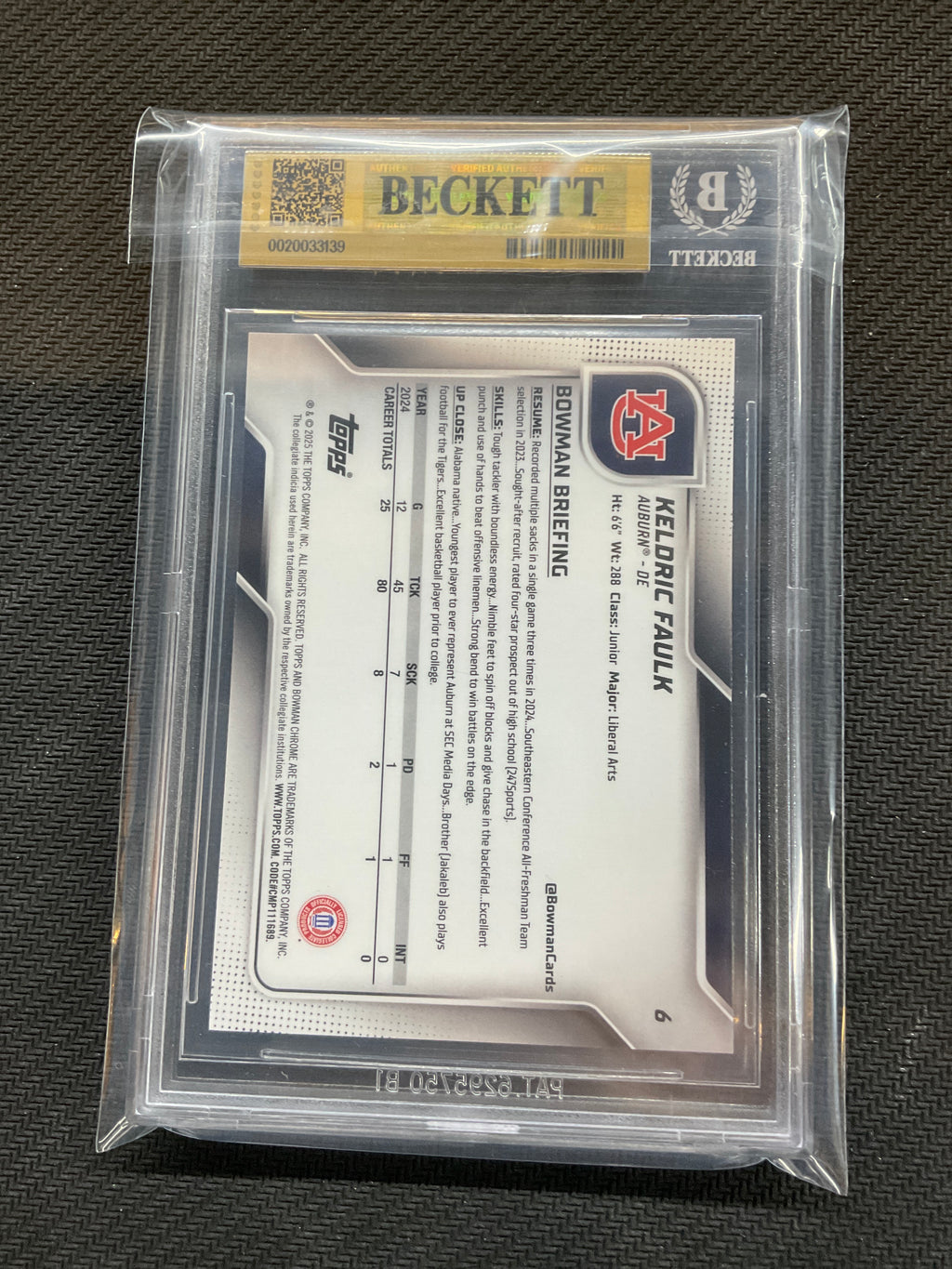 2025 Bowman U Chrome Keldric Kaulk Rookie BGS 9.5 Auburn 139