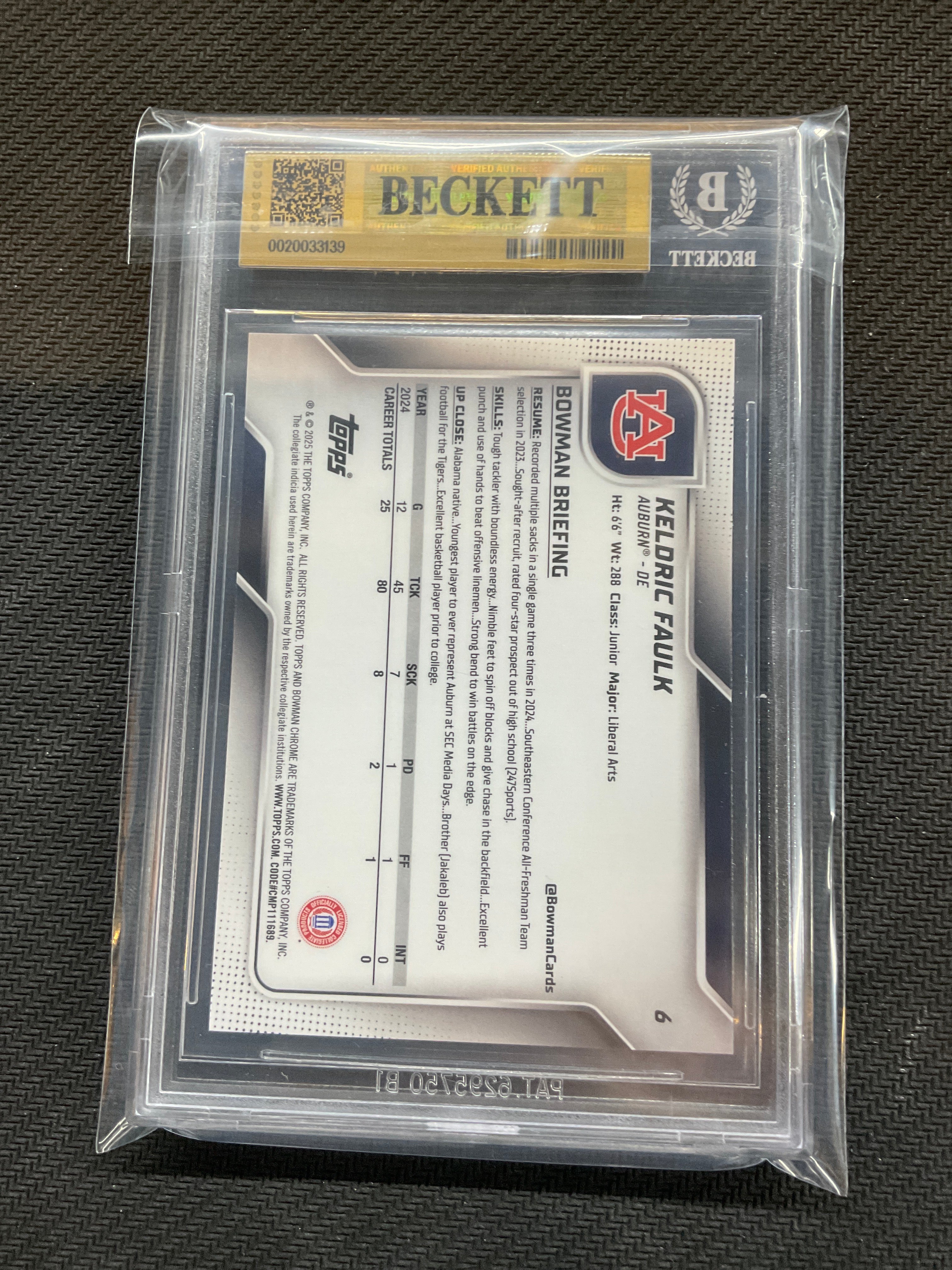 2025 Bowman U Chrome Keldric Kaulk Rookie BGS 9.5 Auburn 139